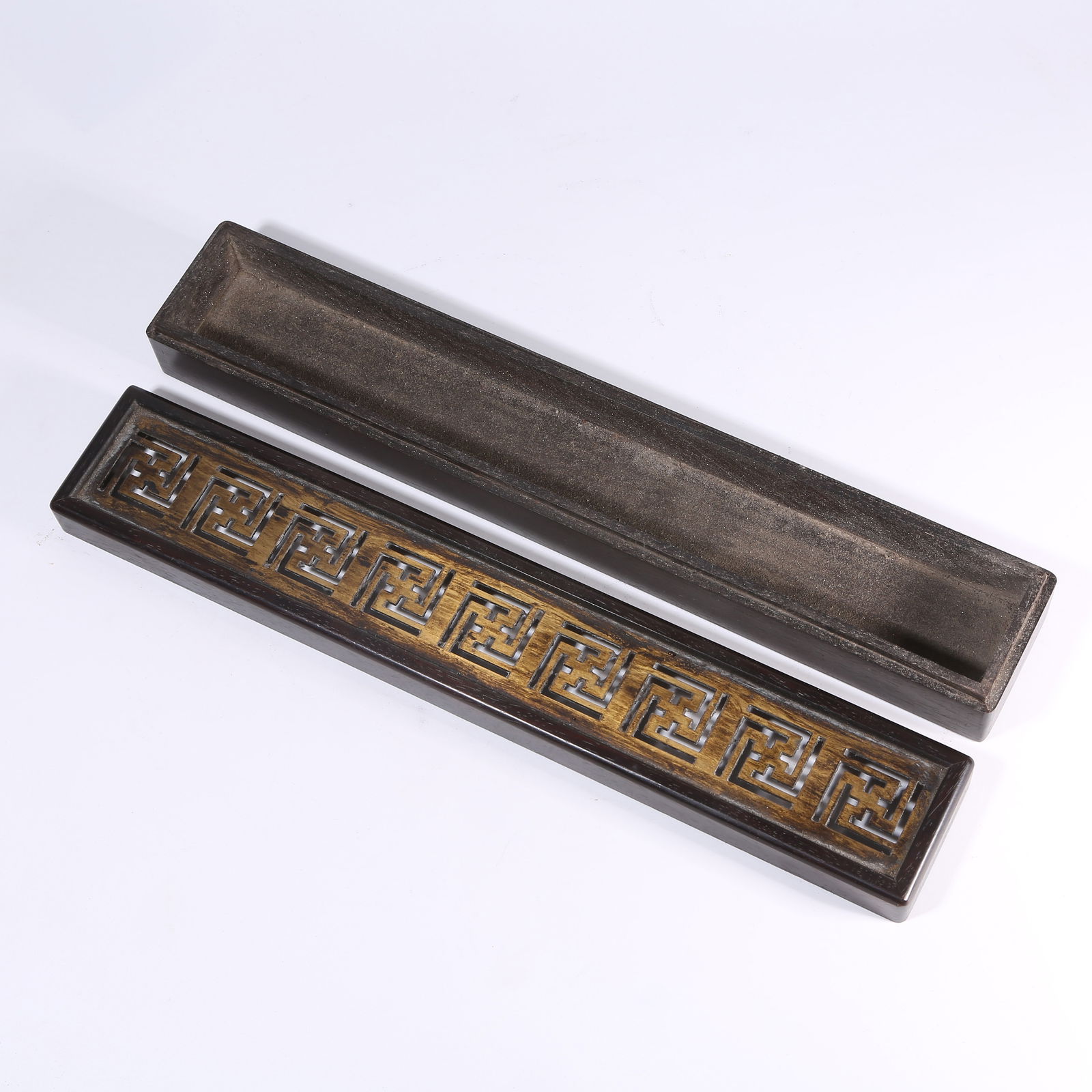 A ZITAN LONG SQUARE COVERED BOX INLAID WITH BRONZE GILT SWASTIKA PATTERN: Zitan Long Square Covered Box Inlaid with Bronze Gilt Swastika Pattern