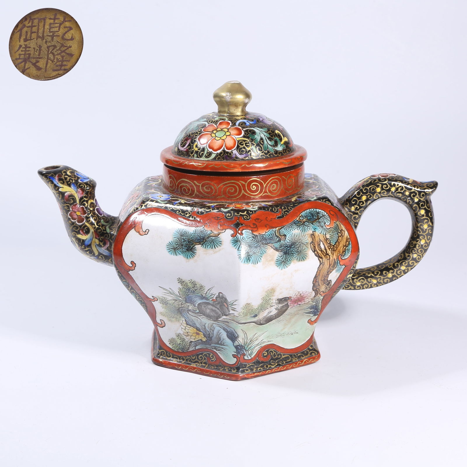 A ENAMEL-DECORATED PURPLE CLAY TEAPOT WITH OX AND RAT MOTIFS (1 of 9)