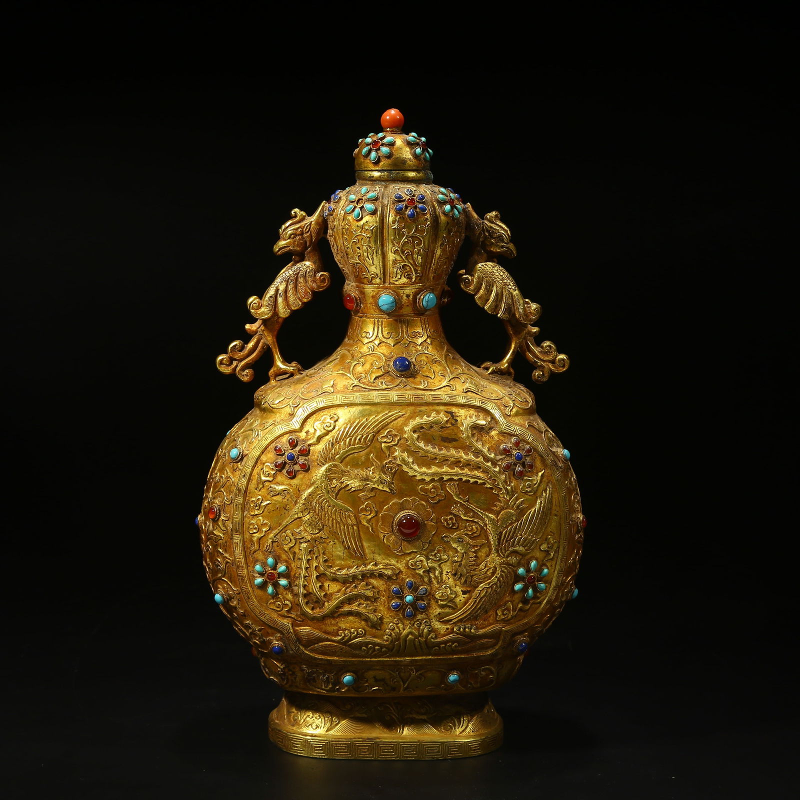 A BRONZE GILT DOUBLE-HANDLED GOURD VASE WITH PHOENIX PATTERN (1 of 10)