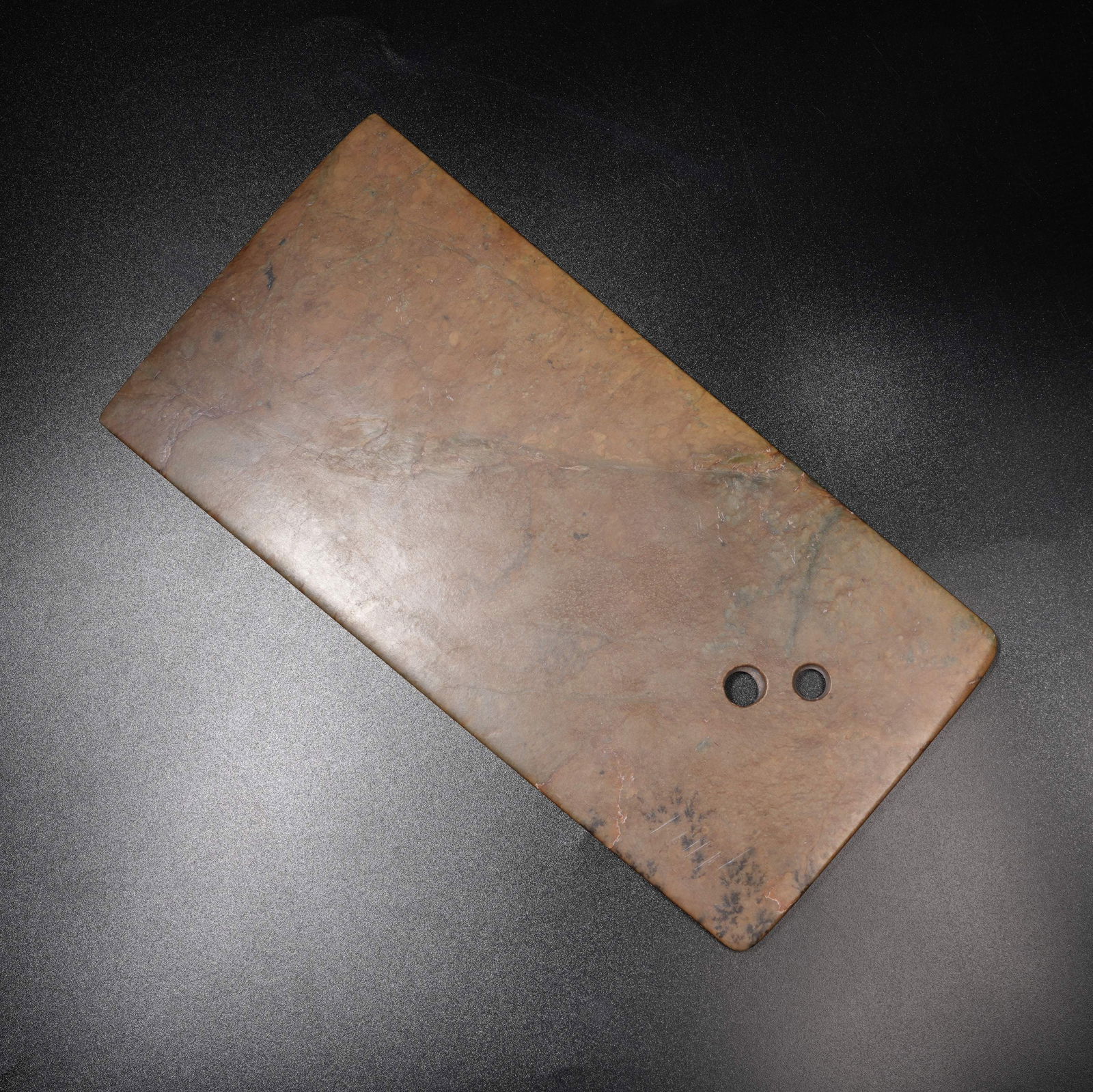 A ANCIENT JADE TWO-HOLED KNIFE: Ancient jade two-holed knife