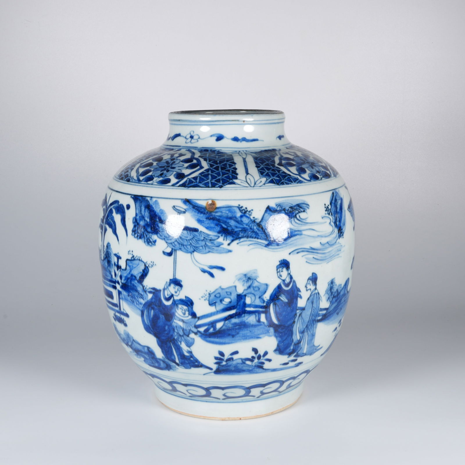 A BLUE-AND-WHITE JAR WITH FIGURE STORY SCENE: Blue-and-white jar with figure story scene