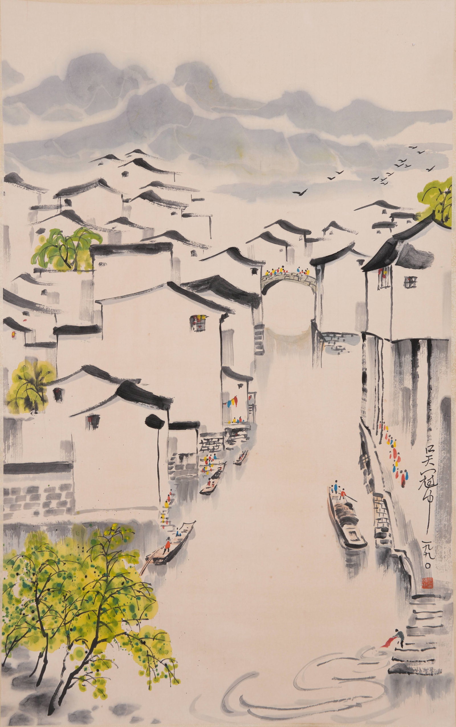 A WATER TOWN PAINTING ON PAPER BY WU GUANZHONG.吳冠中: Water Town Painting on Paper by Wu Guanzhong.吳冠中