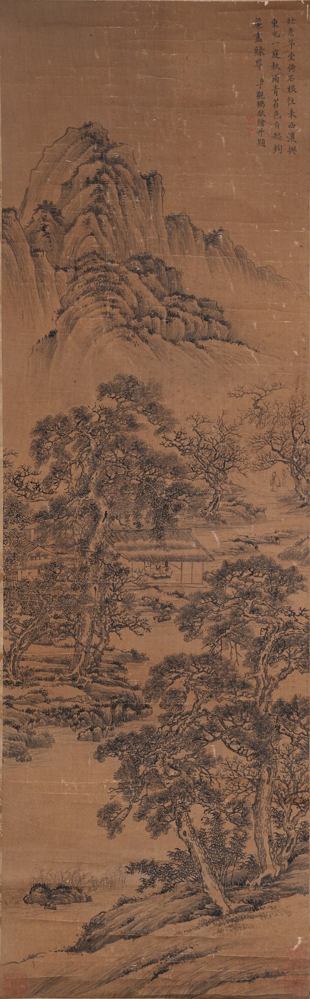 A LANDSCAPE PAINTING ON SILK BY DING GUANPENG.丁觀鵬: Landscape Painting on Silk by Ding Guanpeng.丁觀鵬