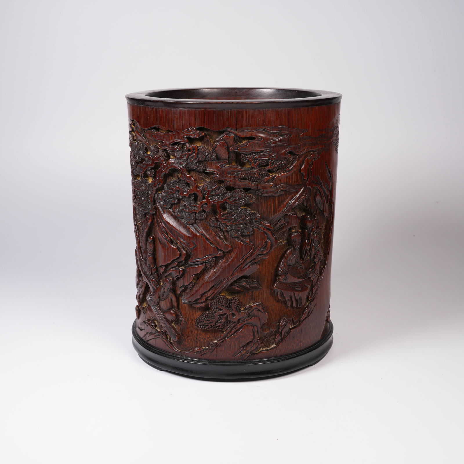 A BAMBOO-ROOT CARVED BRUSH POT WITH SCHOLAR UNDER PINE MOTIF (1 of 9)