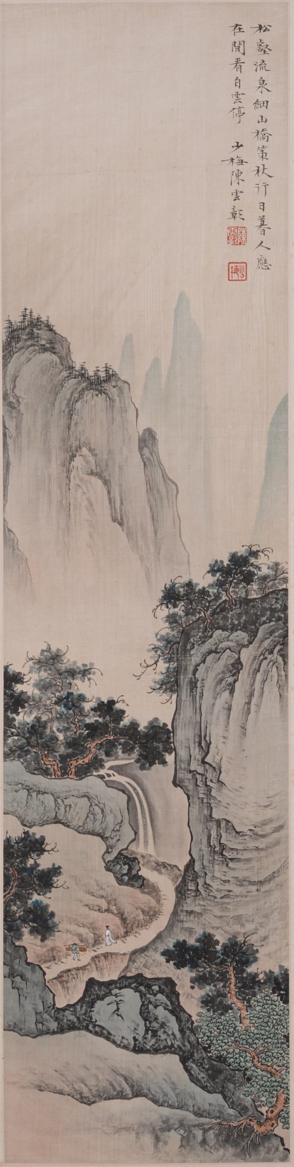 A LANDSCAPE PAINTING ON SILK, MOUNTED AS A HANGING PANEL, BY CHEN SHAOMEI.陳少梅 (1 of 9)