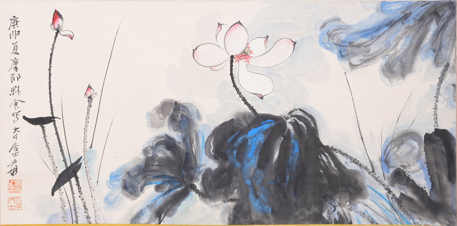 A LOTUS PAINTING ON PAPER BY ZHANG DAQIAN.張大千: Lotus Painting on Paper by Zhang Daqian.張大千