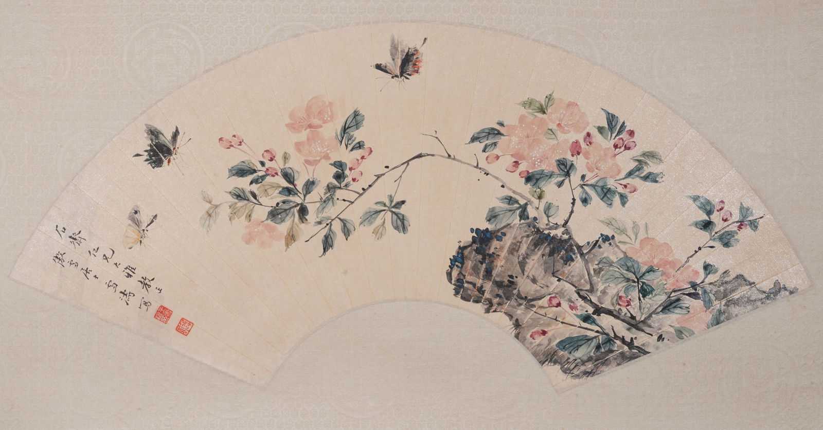 A FLOWER DISH FAN LEAF PAINTING, MOUNTED AS A HANGING PANEL, ON PAPER BY WANG XUETAO.王雪 (1 of 9)