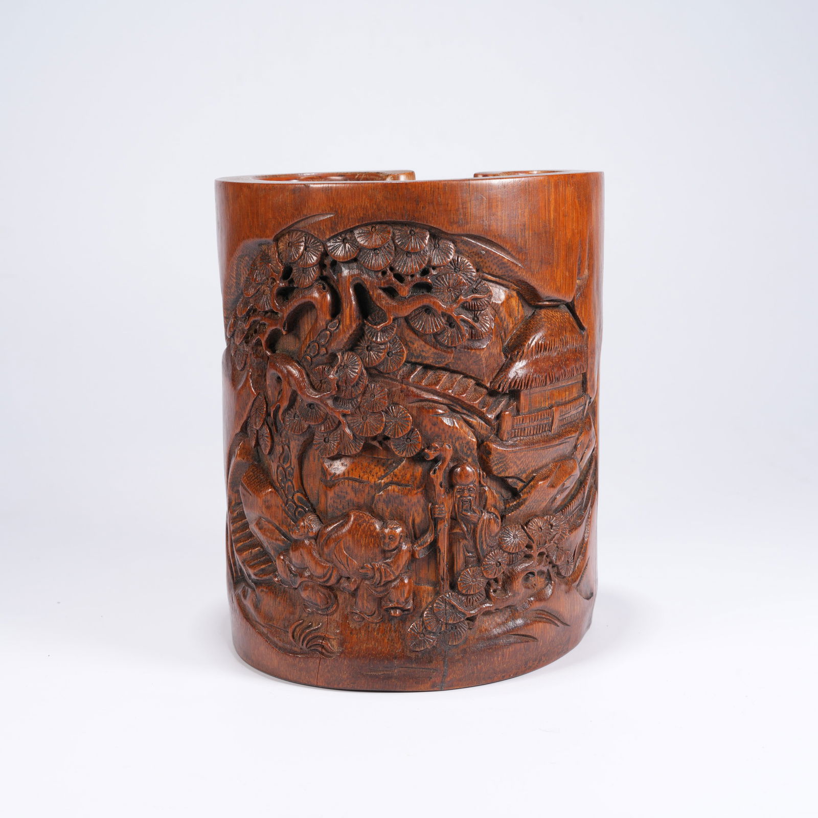 A BAMBOO CARVED "LOFTY SCHOLAR RECEIVING LONGEVITY" PAINTING BRUSH HOLDER: Bamboo Carved "Lofty Scholar Receiving Longevity" Painting Brush Holder