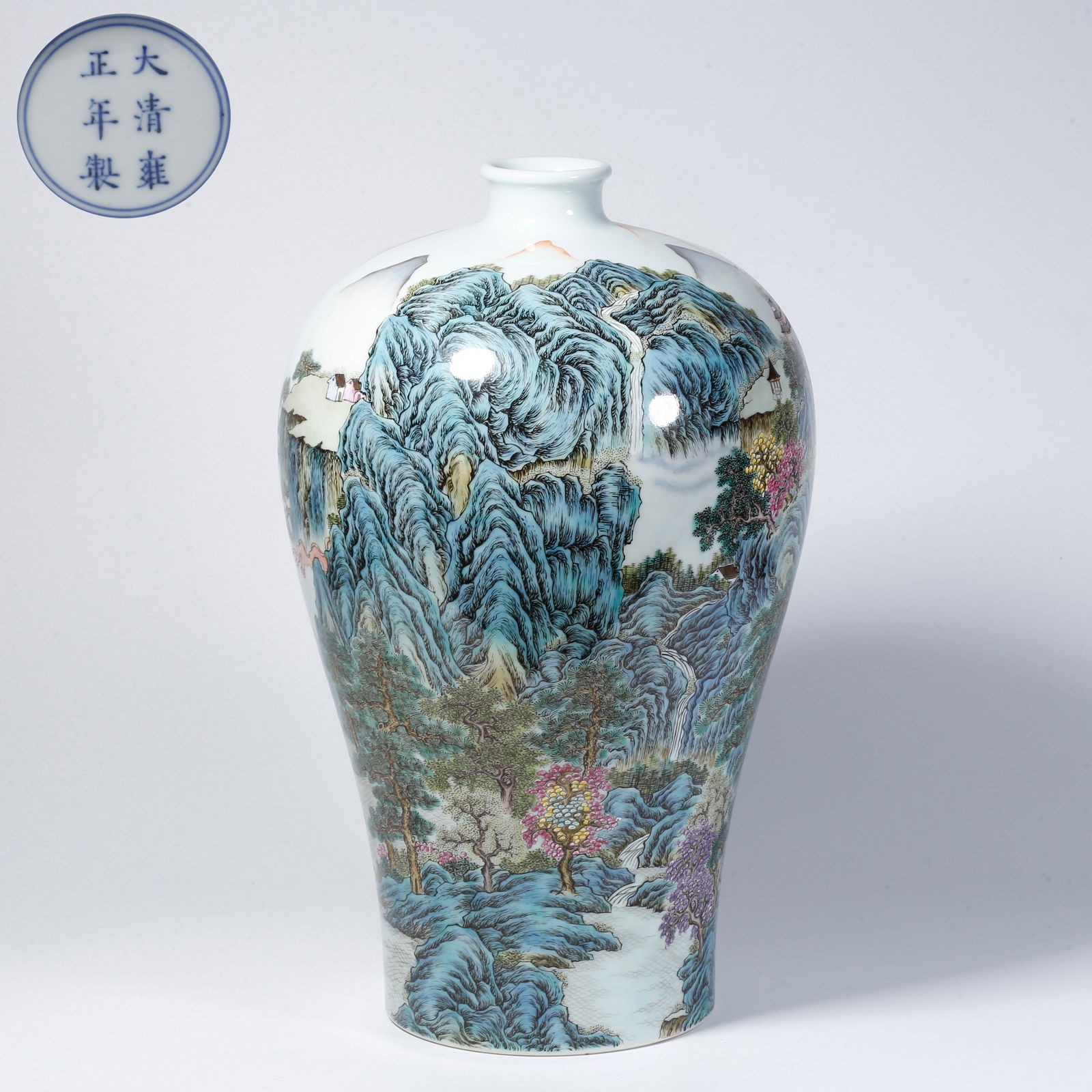 A FAMILLE-ROSE MEIPING VASE WITH LANDSCAPE AND FIGURE MOTIF: Famille-rose meiping vase with landscape and figure motif