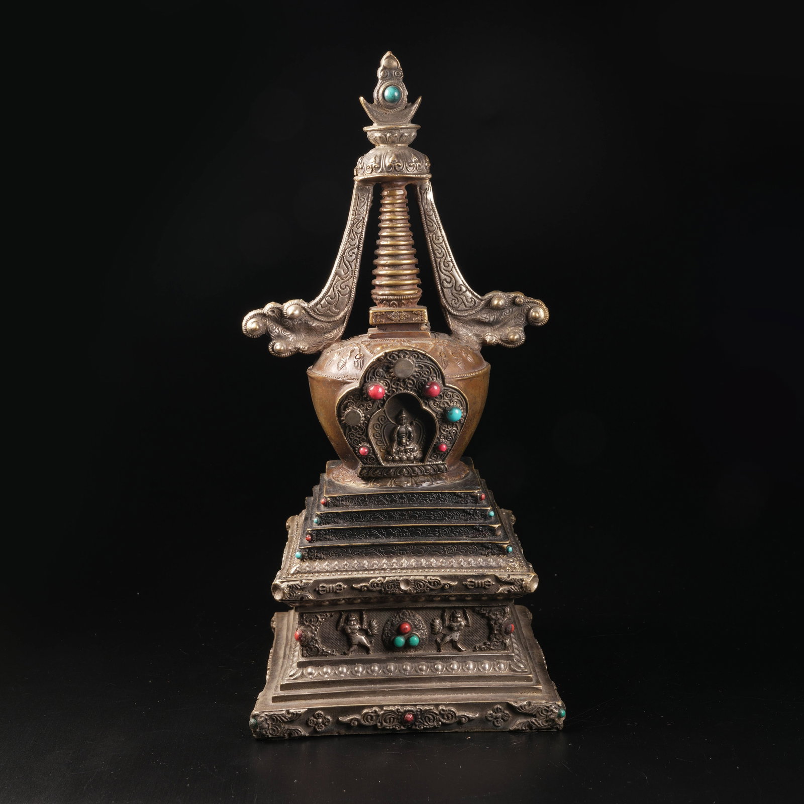 A SILVER INLAID BUDDHIST STUPA (1 of 9)