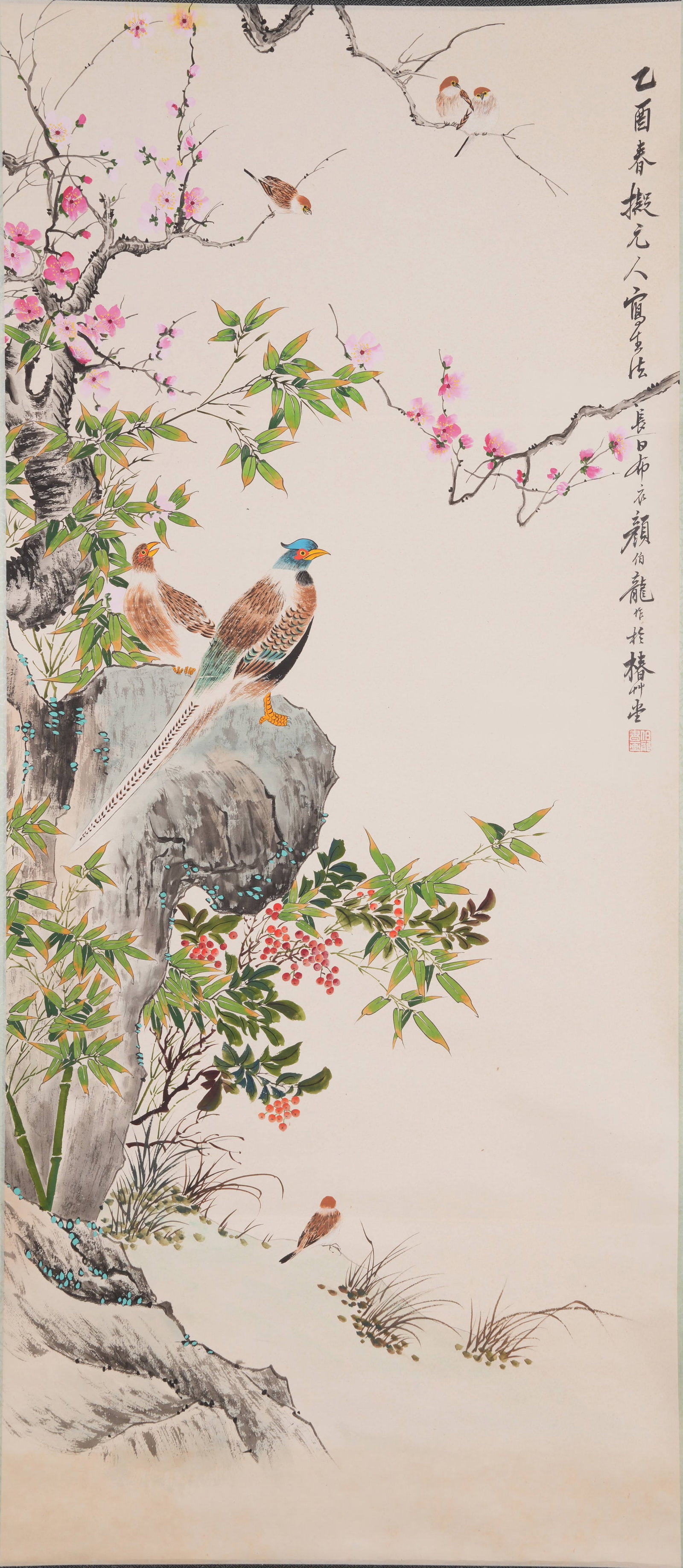 A FLOWER-AND-BIRD PATTERN PAINTING ON PAPER BY YAN BOLONG.顏伯龍: Flower-and-Bird Pattern Painting on Paper by Yan Bolong.顏伯龍