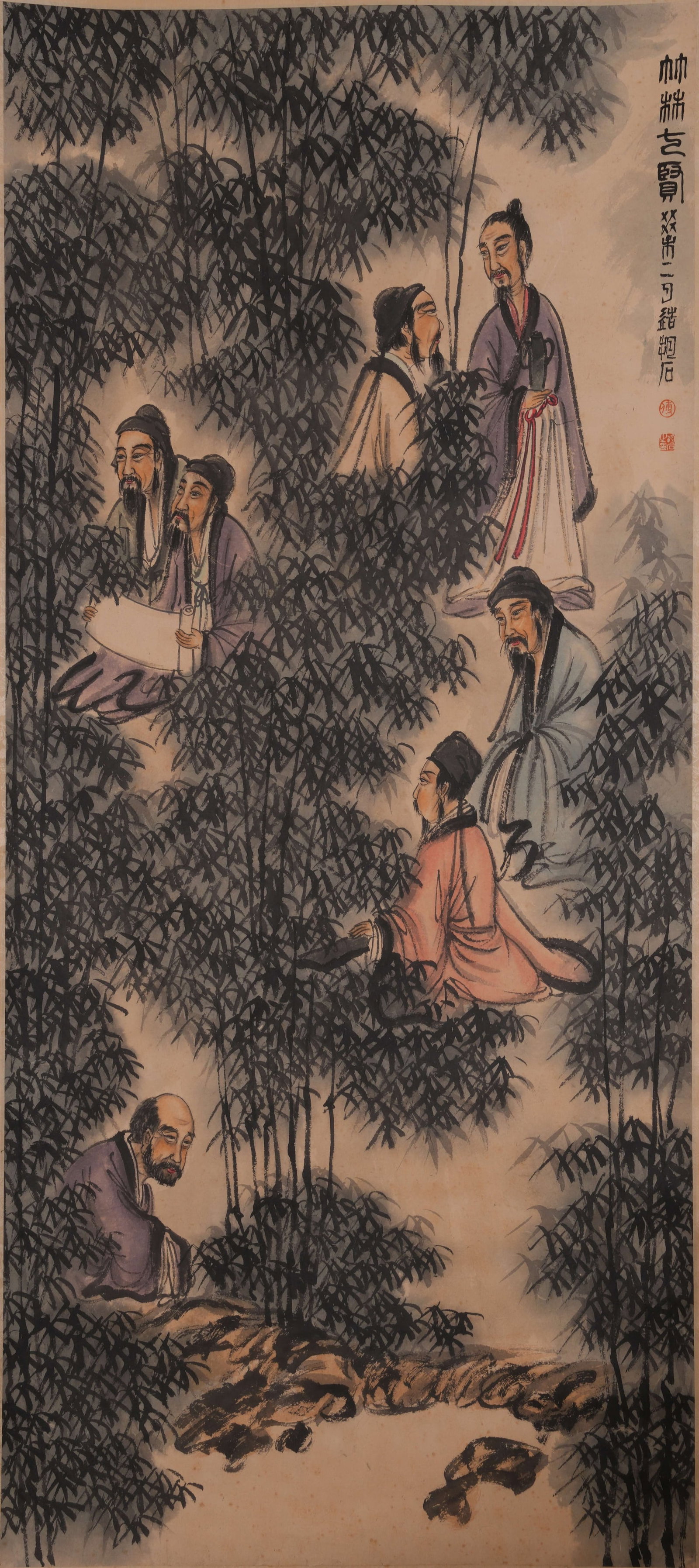 A SEVEN SAGES OF THE BAMBOO GROVE PAINTING ON PAPER BY FU BAOSHI.傅抱石: Seven Sages of the Bamboo Grove Painting on Paper by Fu Baoshi.傅抱石