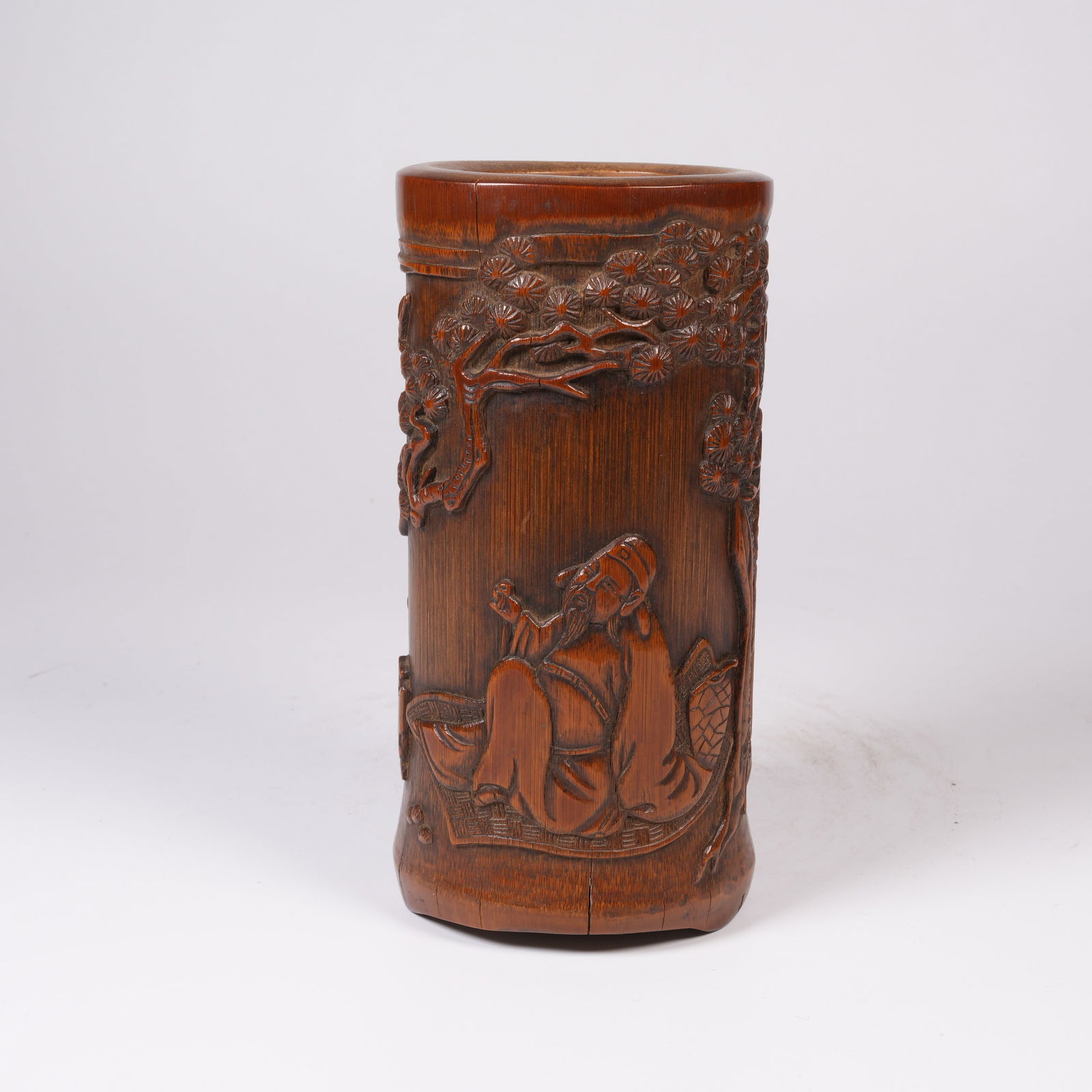 A BAMBOO-CARVED BRUSH POT WITH FIGURE STORY MOTIF (1 of 9)