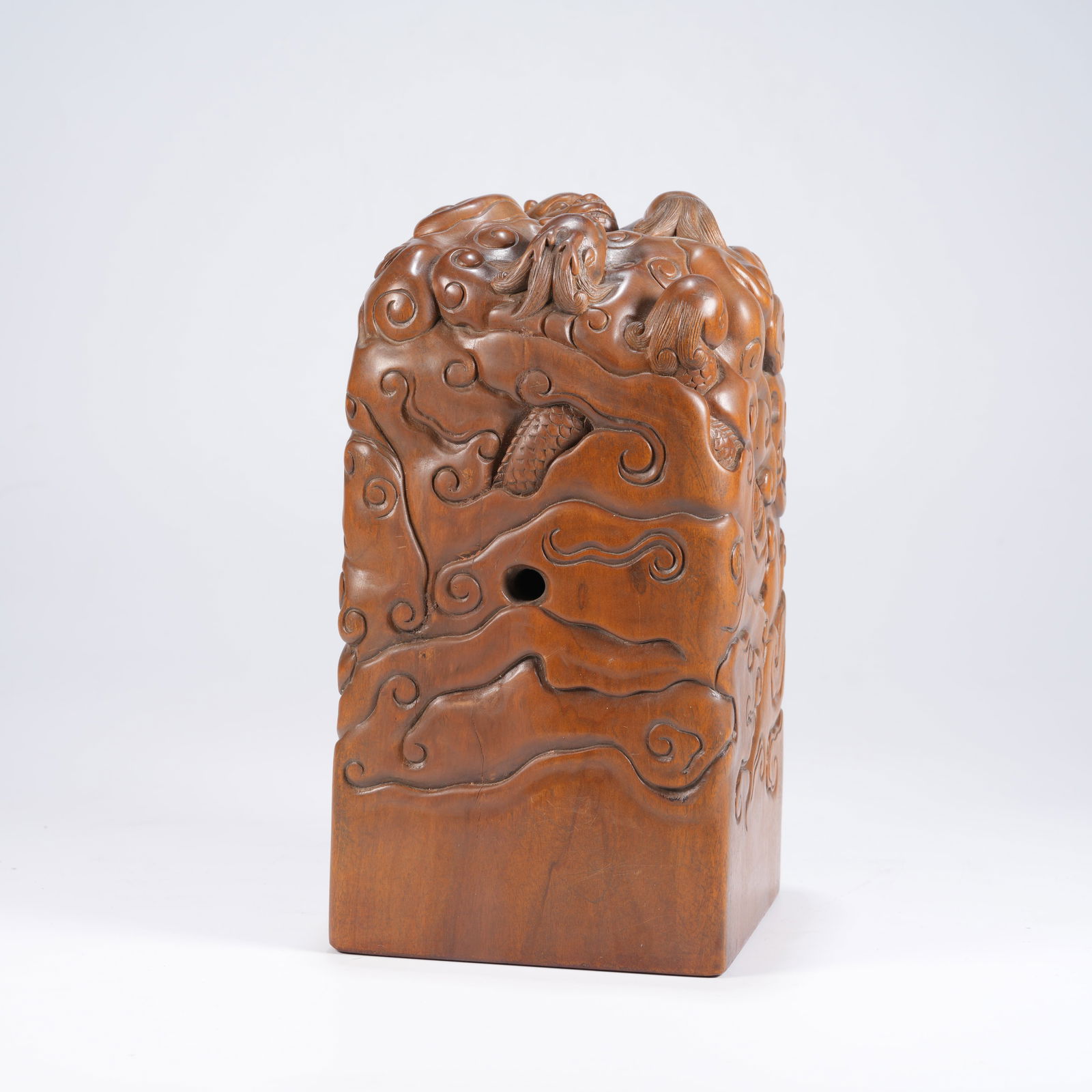 A SANDALWOOD LARGE SEAL WITH CHI DRAGON MOTIF: Sandalwood Large Seal with Chi Dragon Motif