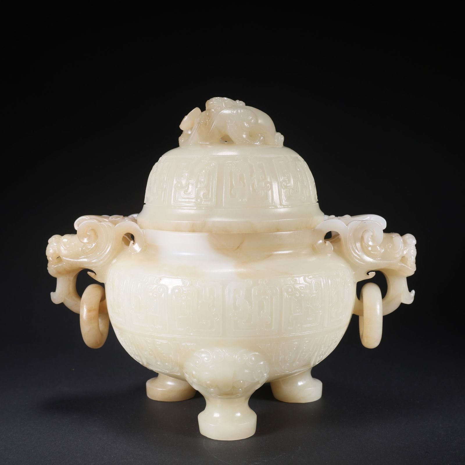 A HETIAN JADE COVERED CENSER WITH DOUBLE RINGS AND THREE DRAGONS (1 of 9)
