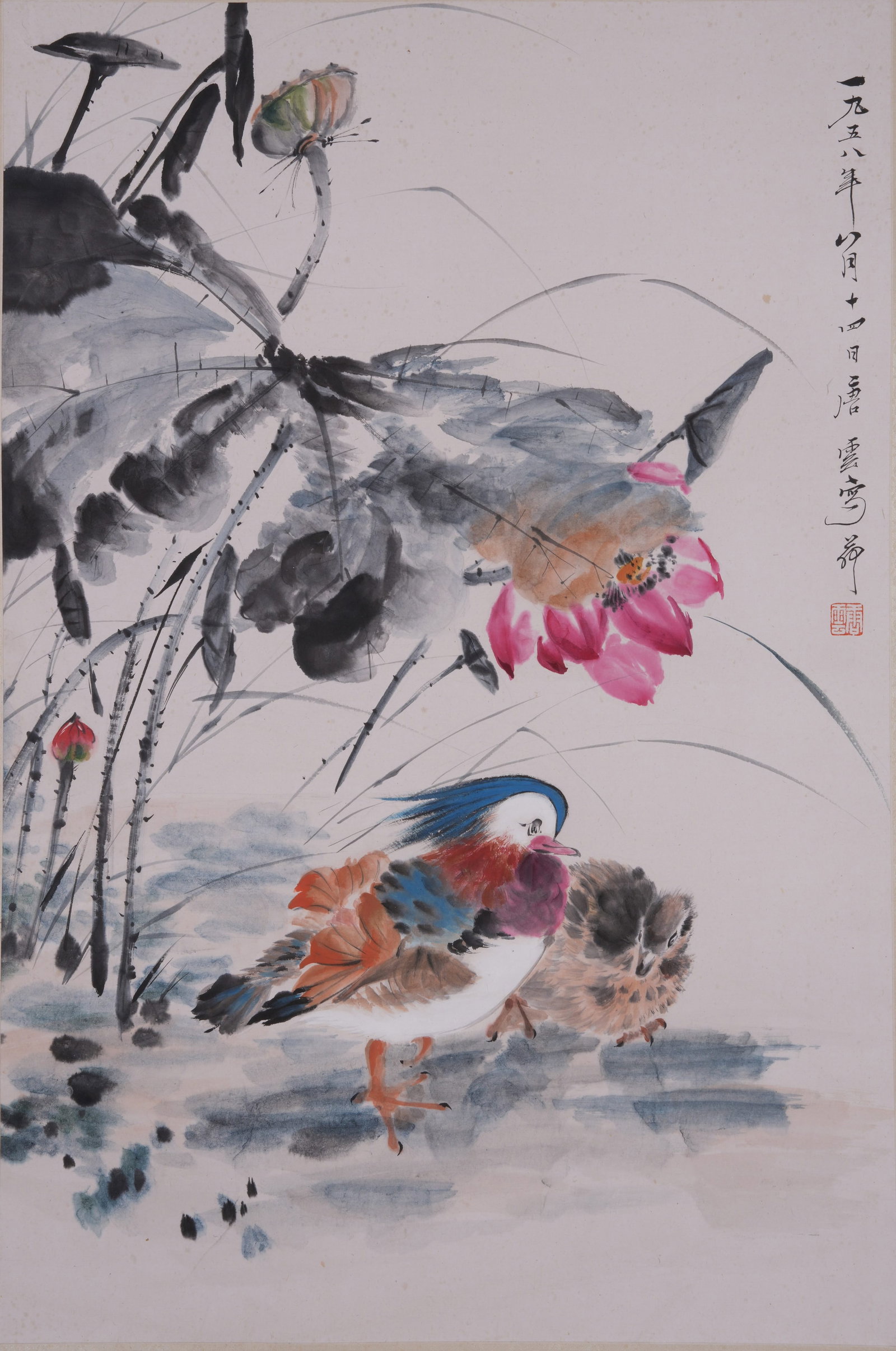 A LOTUS POND WITH MANDARIN DUCKS PAINTING MOUNTED AS MIRROR CORE ON PAPER BY TANG YUN.唐 (1 of 9)