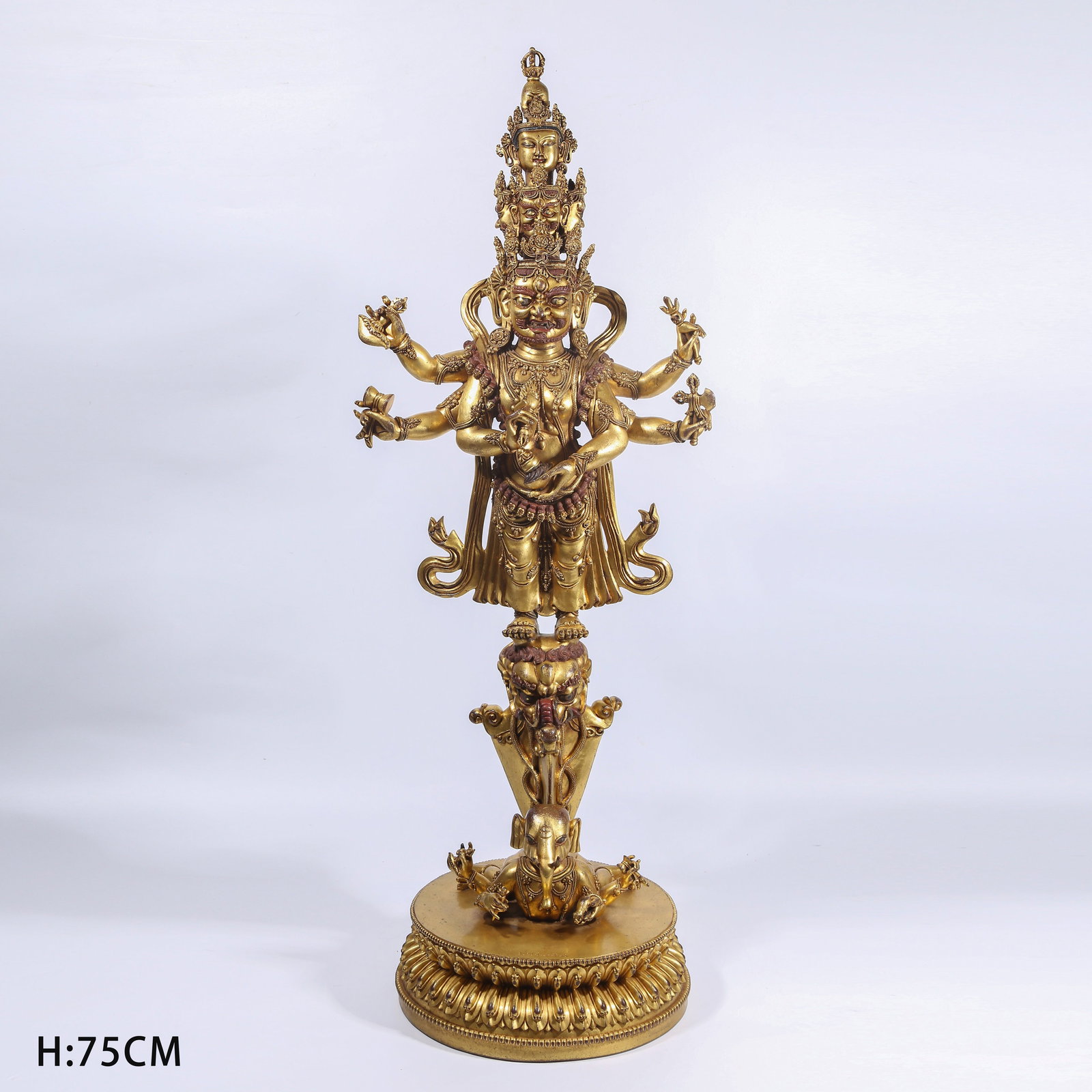 A GILT BRONZE WHITE SIX-ARMED MAHAKALA VAJRA HOE: Gilt Bronze White Six-Armed Mahakala Vajra Hoe