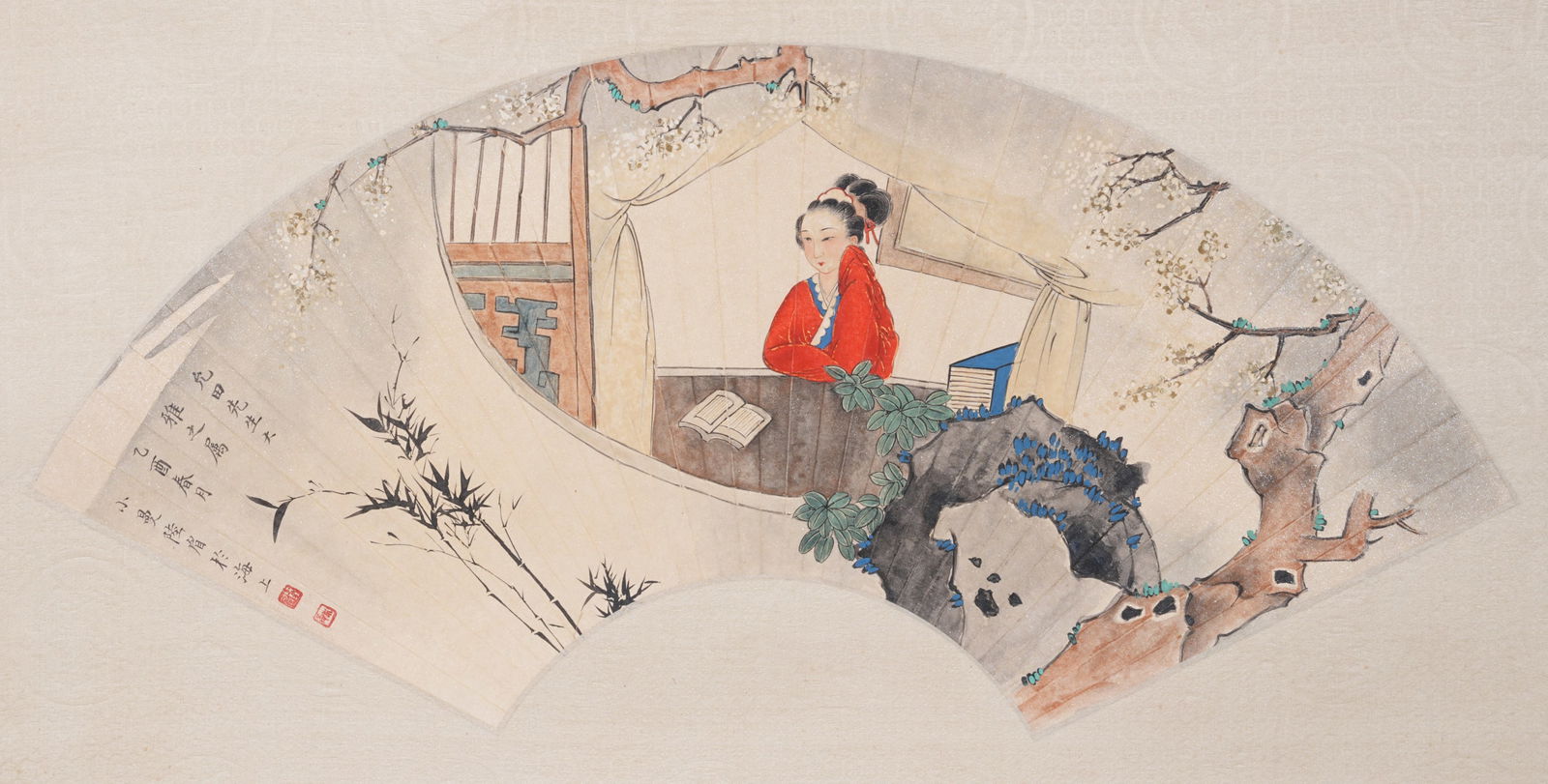 A LADY FIGURE FAN LEAF PAINTING, MOUNTED AS A HANGING PANEL, ON PAPER BY LU XIAOMAN.陸小: Lady Figure Fan Leaf Painting, Mounted as a Hanging Panel, on Paper by Lu Xiaoman.陸小曼