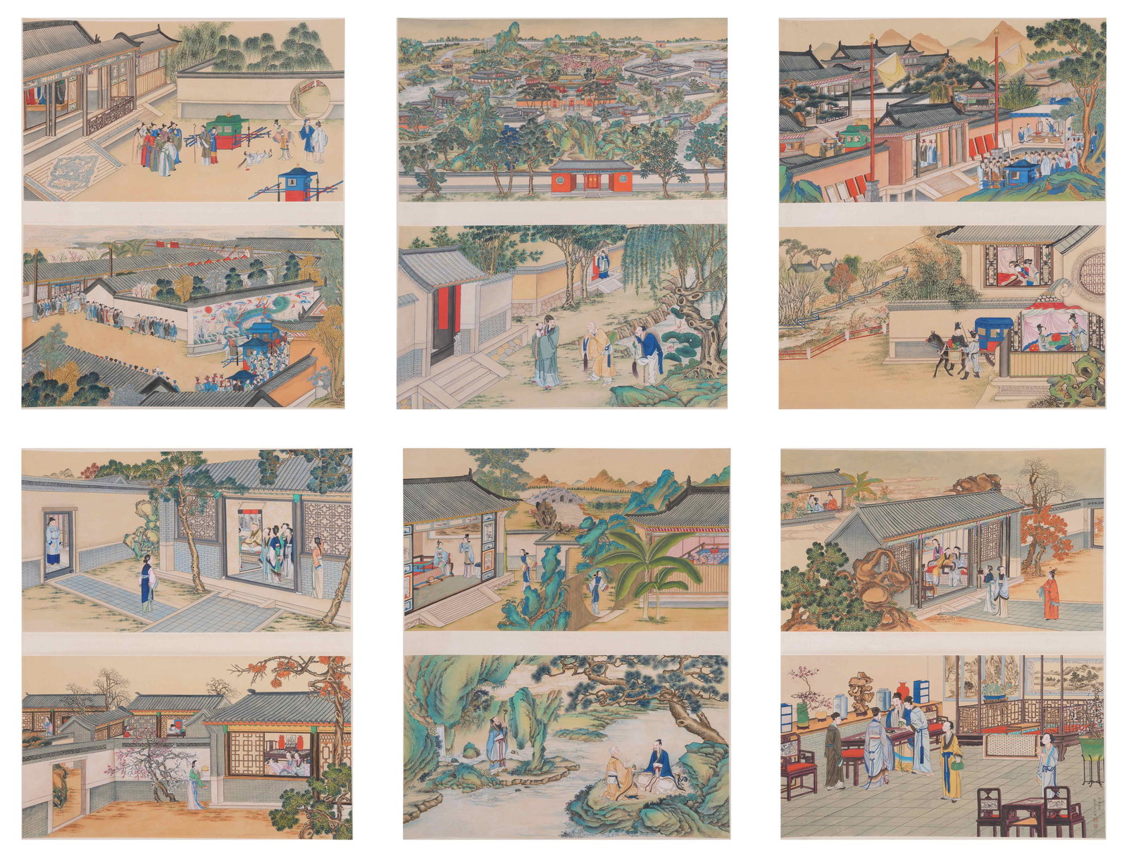 A SET OF DREAM OF THE RED CHAMBER FIGURE STORY HORIZONTAL SCREENS ON SILK BY WANG SHUHUI (6: Set of Dream of the Red Chamber Figure Story Horizontal Screens on Silk by Wang Shuhui (6 panels).王叔暉