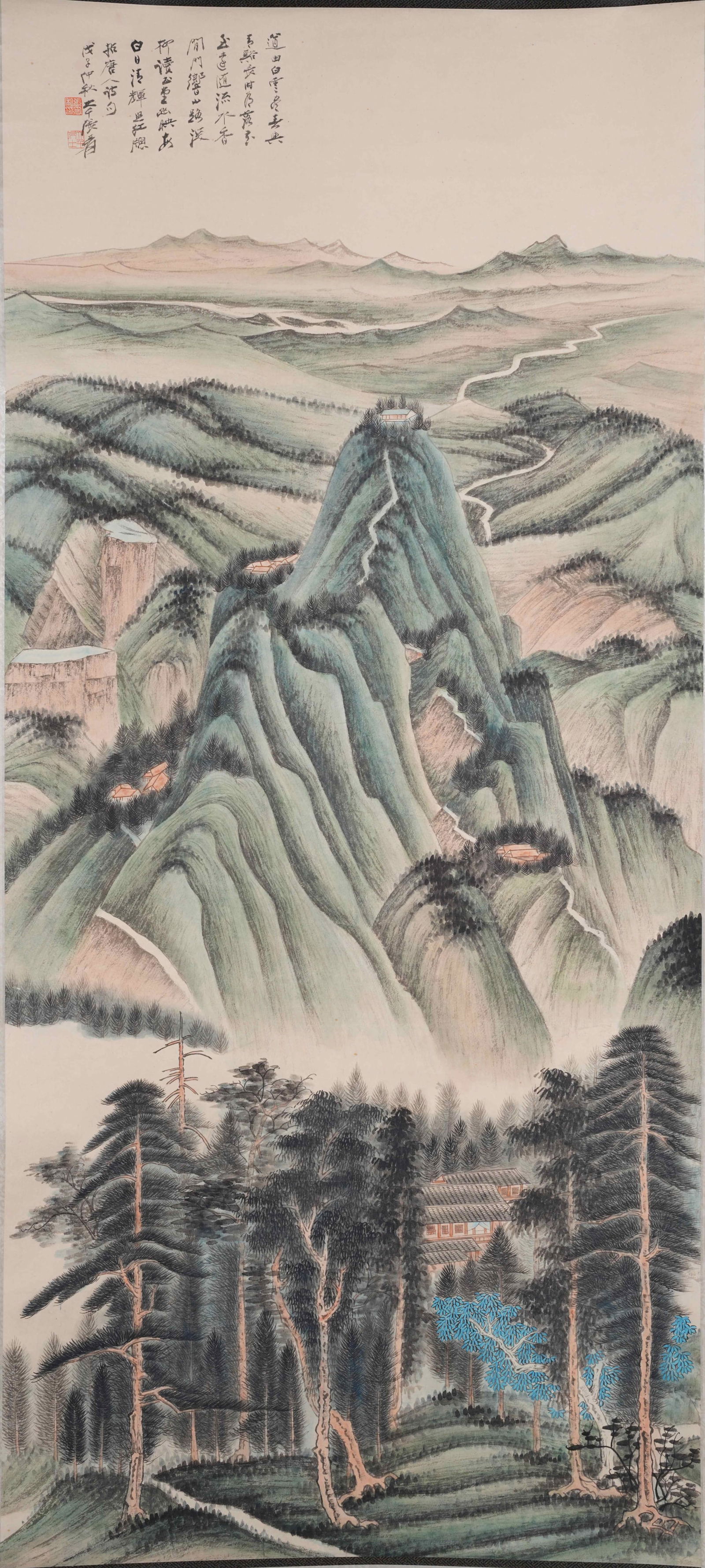 A LANDSCAPE PAINTING ON PAPER BY ZHANG DAQIAN.張大千: Landscape Painting on Paper by Zhang Daqian.張大千