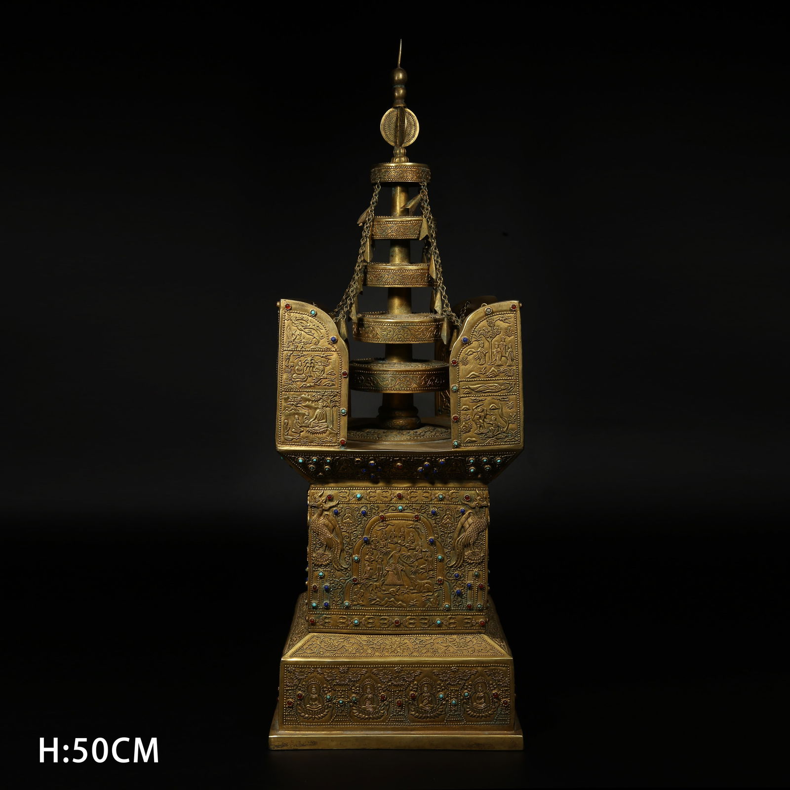 A GILDED BRONZE GEM-INLAID BUDDHIST STUPA (1 of 9)