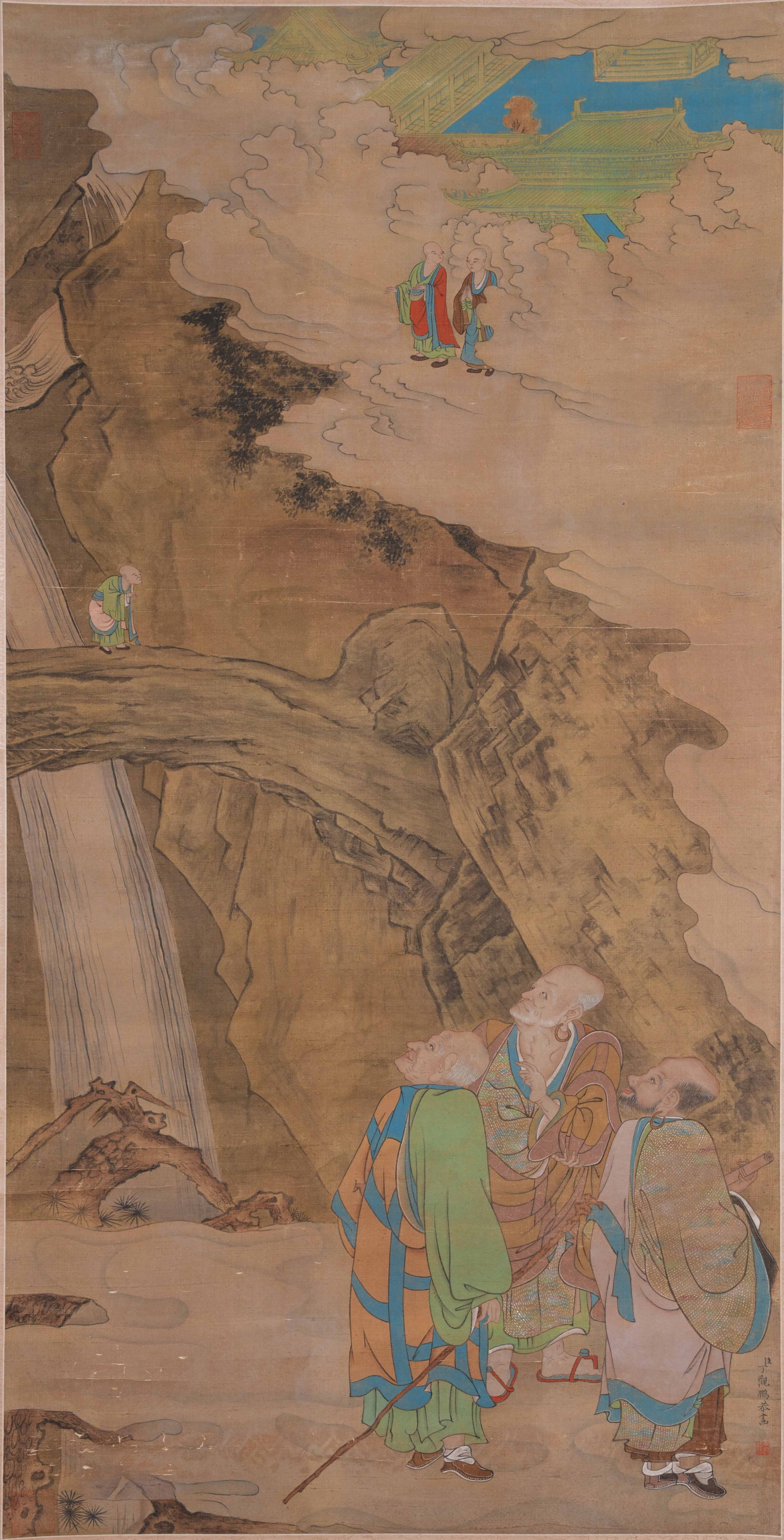 A ARHAT PAINTING ON SILK BY DING GUANPENG.丁觀鵬: Arhat Painting on Silk by Ding Guanpeng.丁觀鵬
