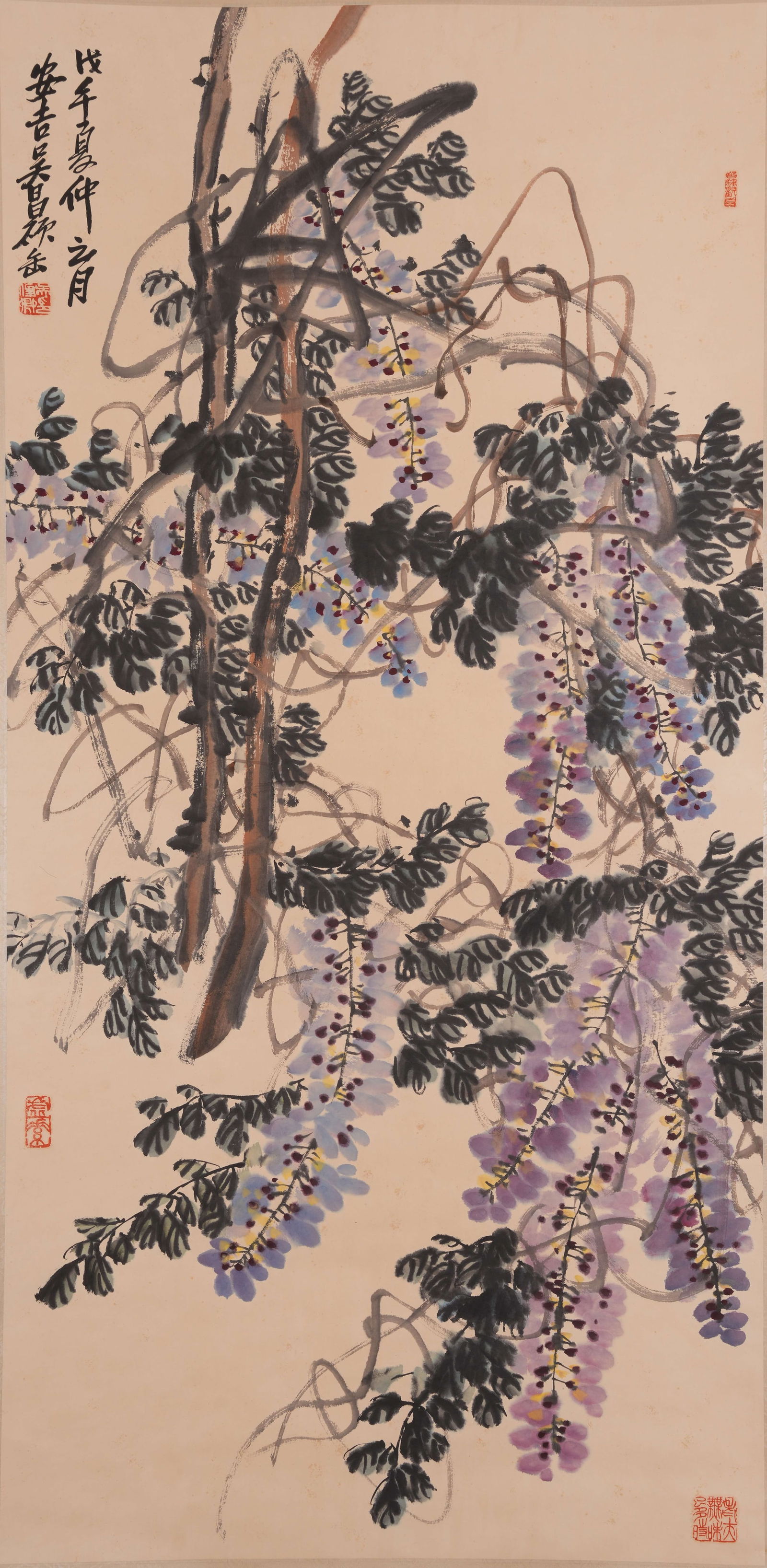 A FLOWER PAINTING ON PAPER BY WU CHANGSHUO.吳昌碩: Flower Painting on Paper by Wu Changshuo.吳昌碩