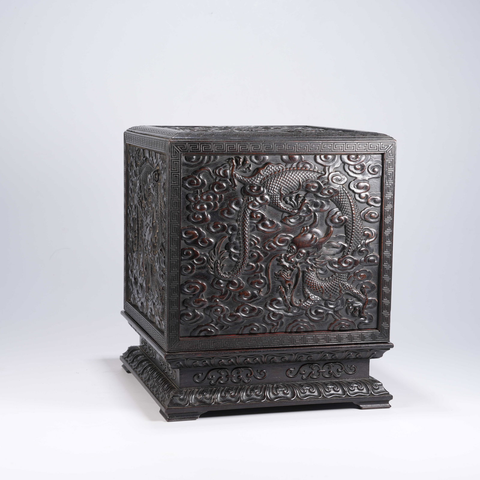 A ZITAN CLOUD AND DRAGON MOTIF SQUARE LARGE SEAL BOX: Zitan Cloud and Dragon Motif Square Large Seal Box