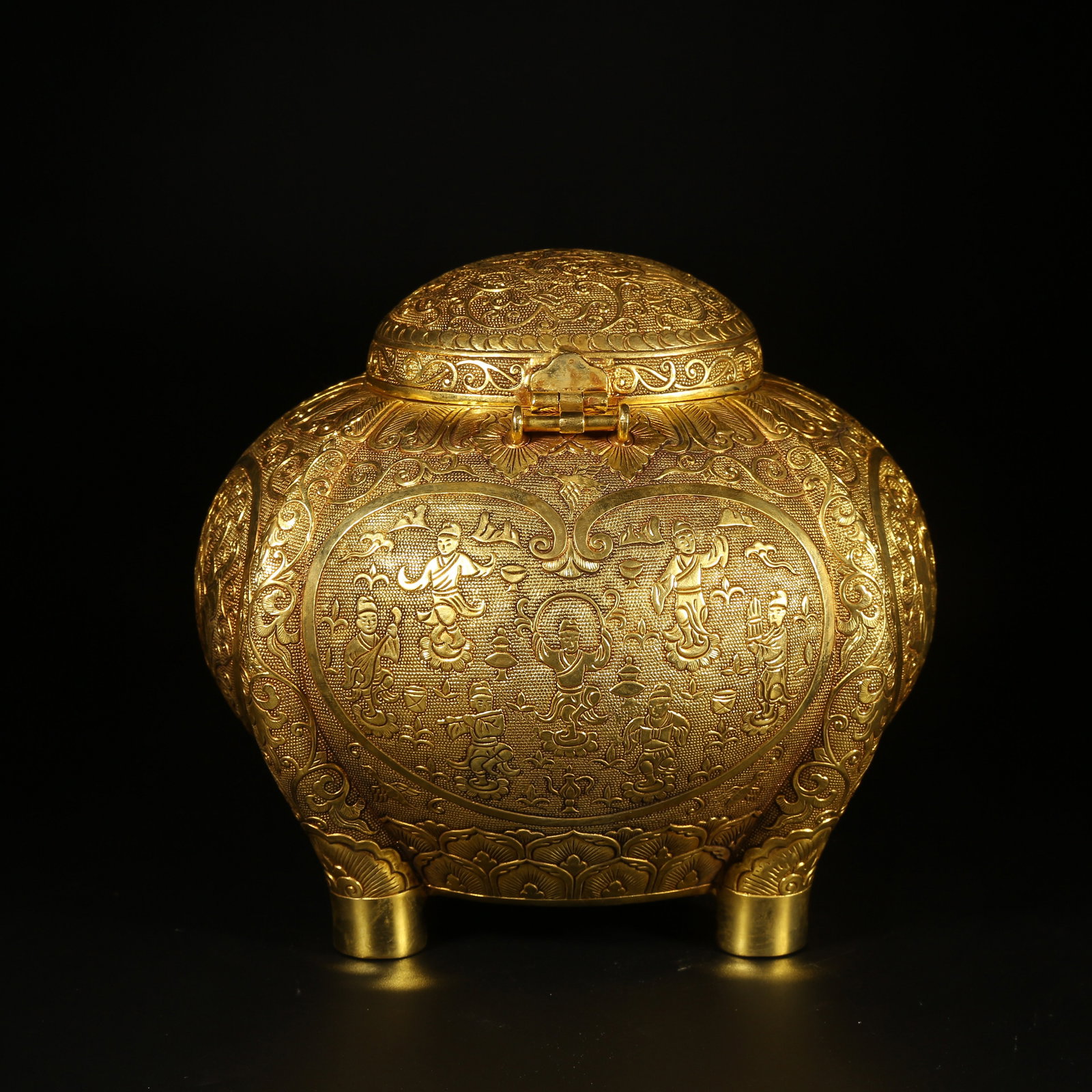 A GILDED BRONZE COVERED JAR WITH FIGURES AND AUSPICIOUS BEAST PATTERN: Gilded Bronze Covered Jar with Figures and Auspicious Beast Pattern
