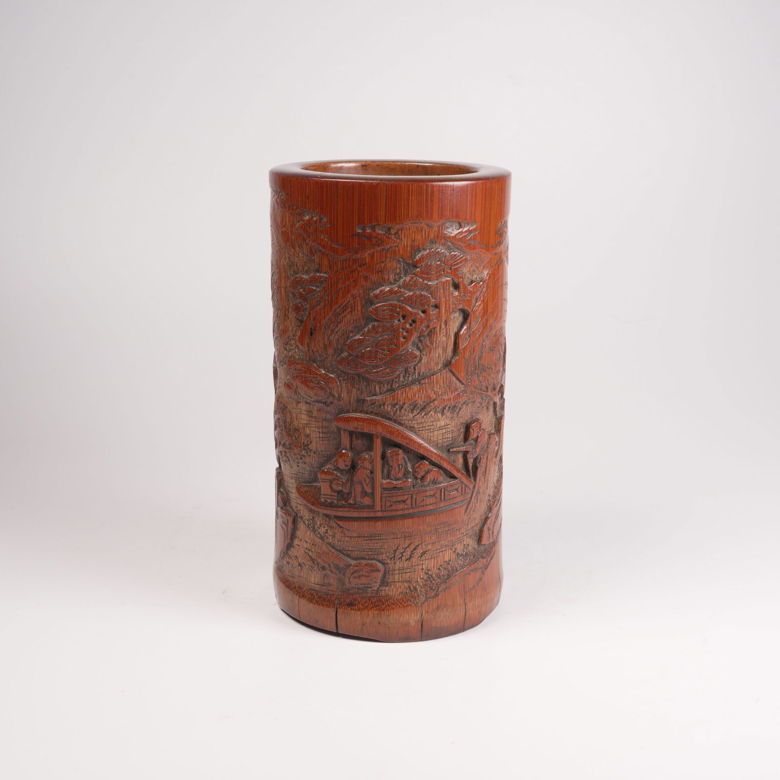 A BAMBOO-CARVED BRUSH POT WITH RED CLIFF MOTIF (1 of 9)