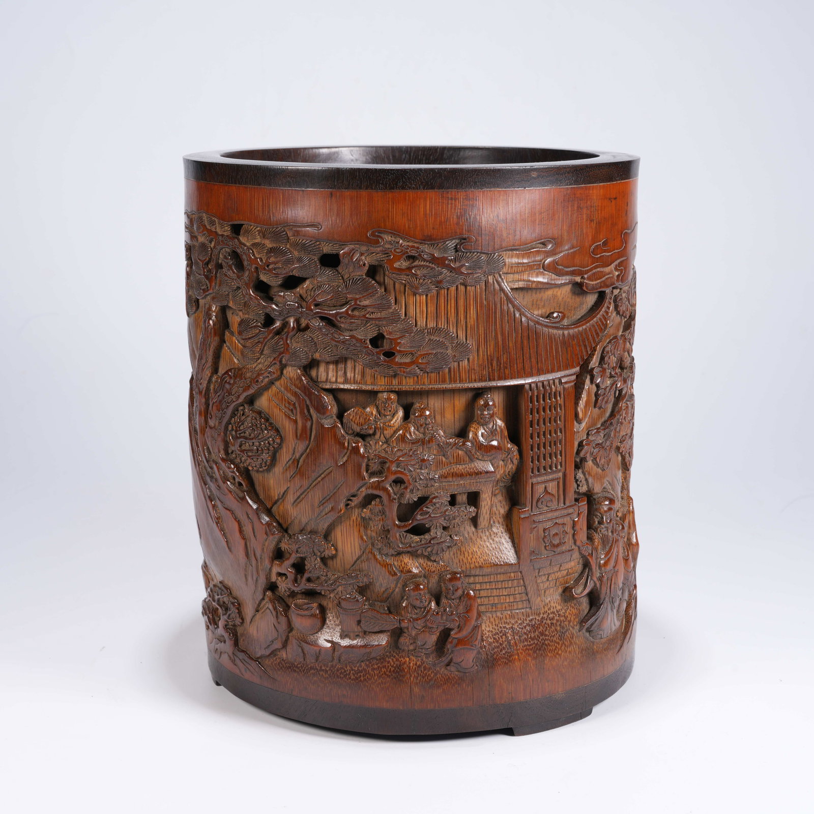 A BAMBOO CARVED "NINE ELDERS OF XIANGSHAN" PAINTING BRUSH HOLDER (1 of 9)