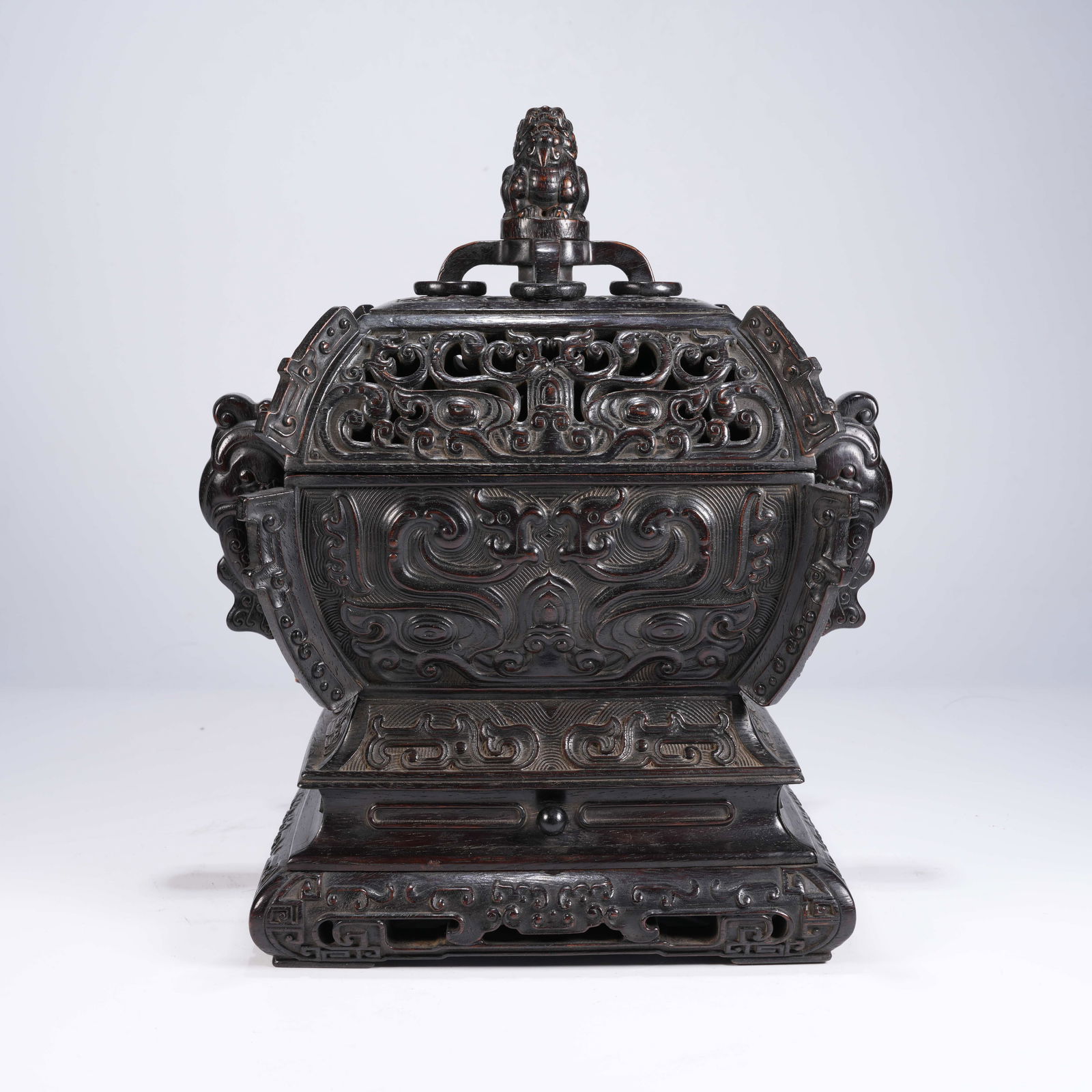 A ZITAN BEAST-FACE MOTIF CENSER WITH REMOVABLE RING: Zitan Beast-Face Motif Censer with Removable Ring
