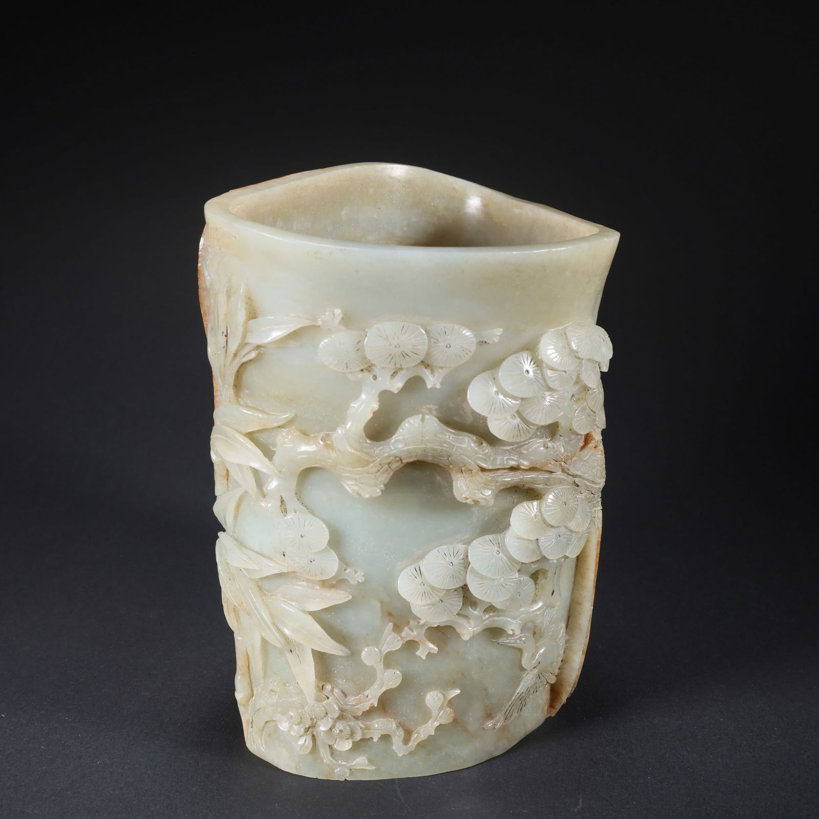 A HETIAN ZIYU JADE BRUSH HOLDER CARVED WITH POETRY, TWIN CRANES, AND LANDSCAPE: Hetian Ziyu Jade Brush Holder Carved with Poetry, Twin Cranes, and Landscape