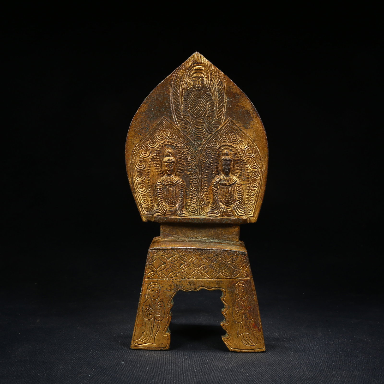 A GILT BRONZE ONE BUDDHA WITH TWO BODHISATTVAS STATUE: Gilt Bronze One Buddha with Two Bodhisattvas Statue