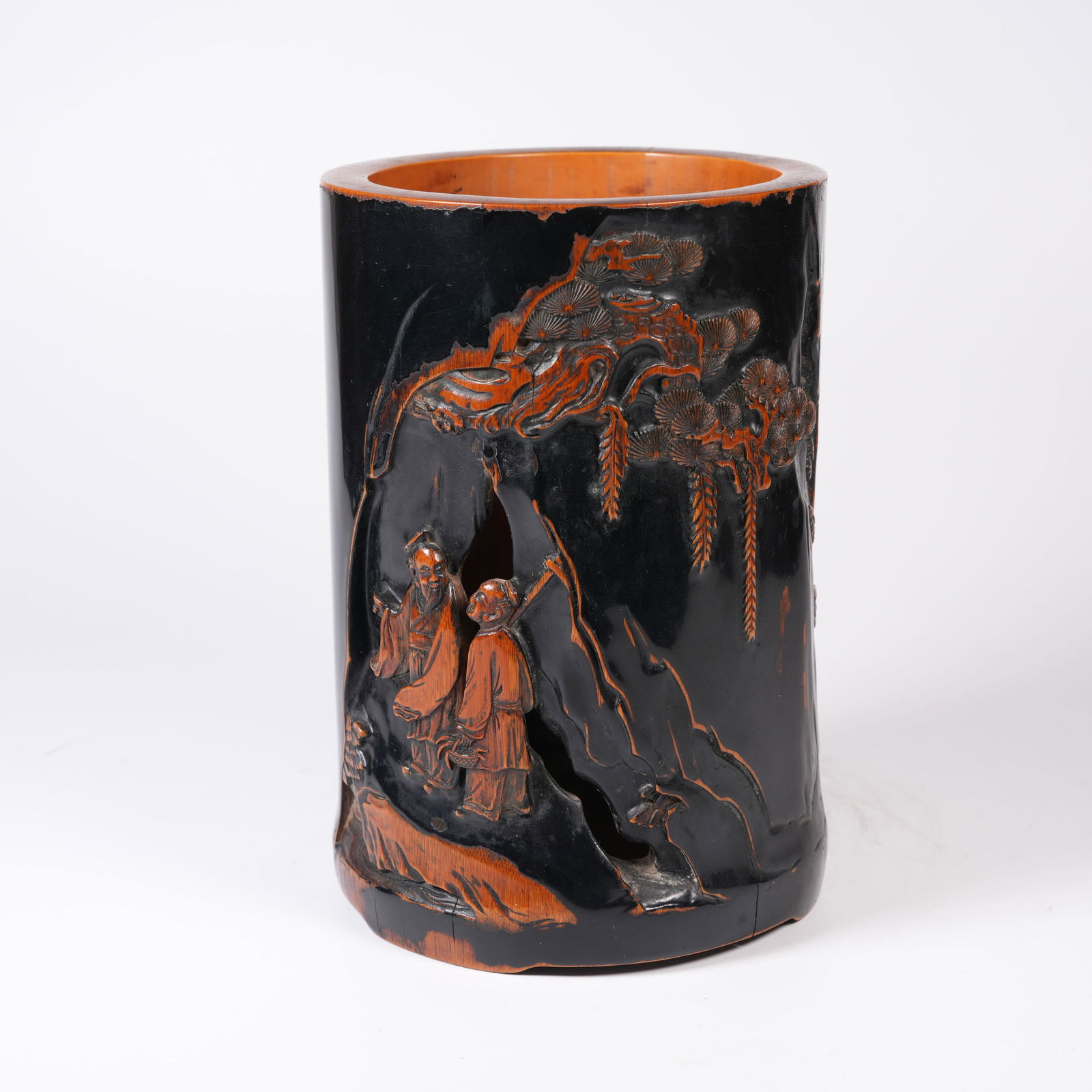 A BAMBOO-ROOT CARVED BRUSH POT DEPICTING FRIENDS VISITING (1 of 9)