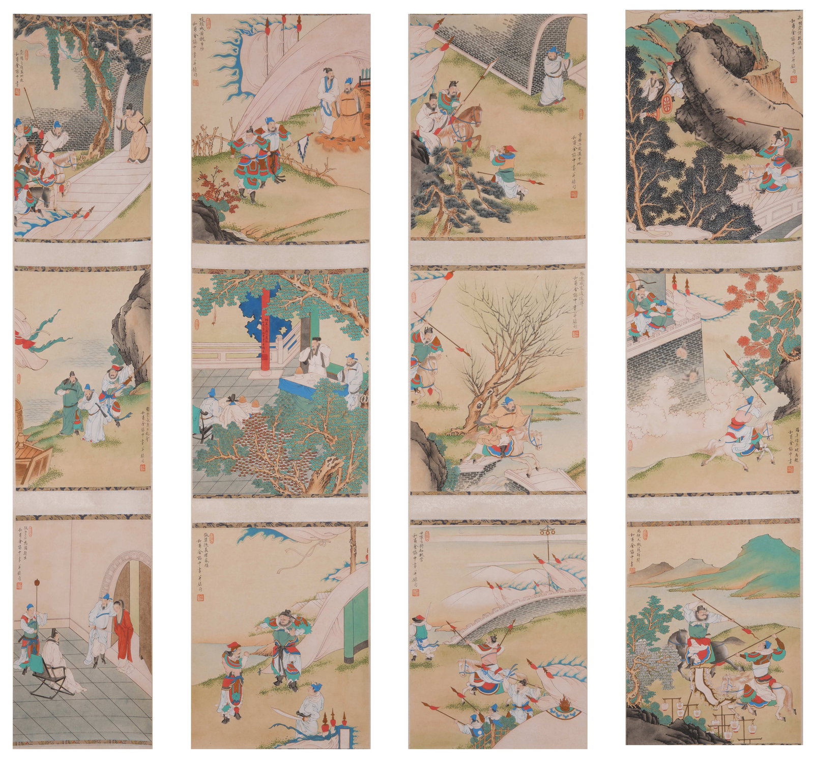 A SET OF THREE KINGDOMS FIGURE STORY HORIZONTAL SCREENS ON PAPER BY JIN XIEZHONG (4 PANELS).金: Set of Three Kingdoms Figure Story Horizontal Screens on Paper by Jin Xiezhong (4 panels).金協中