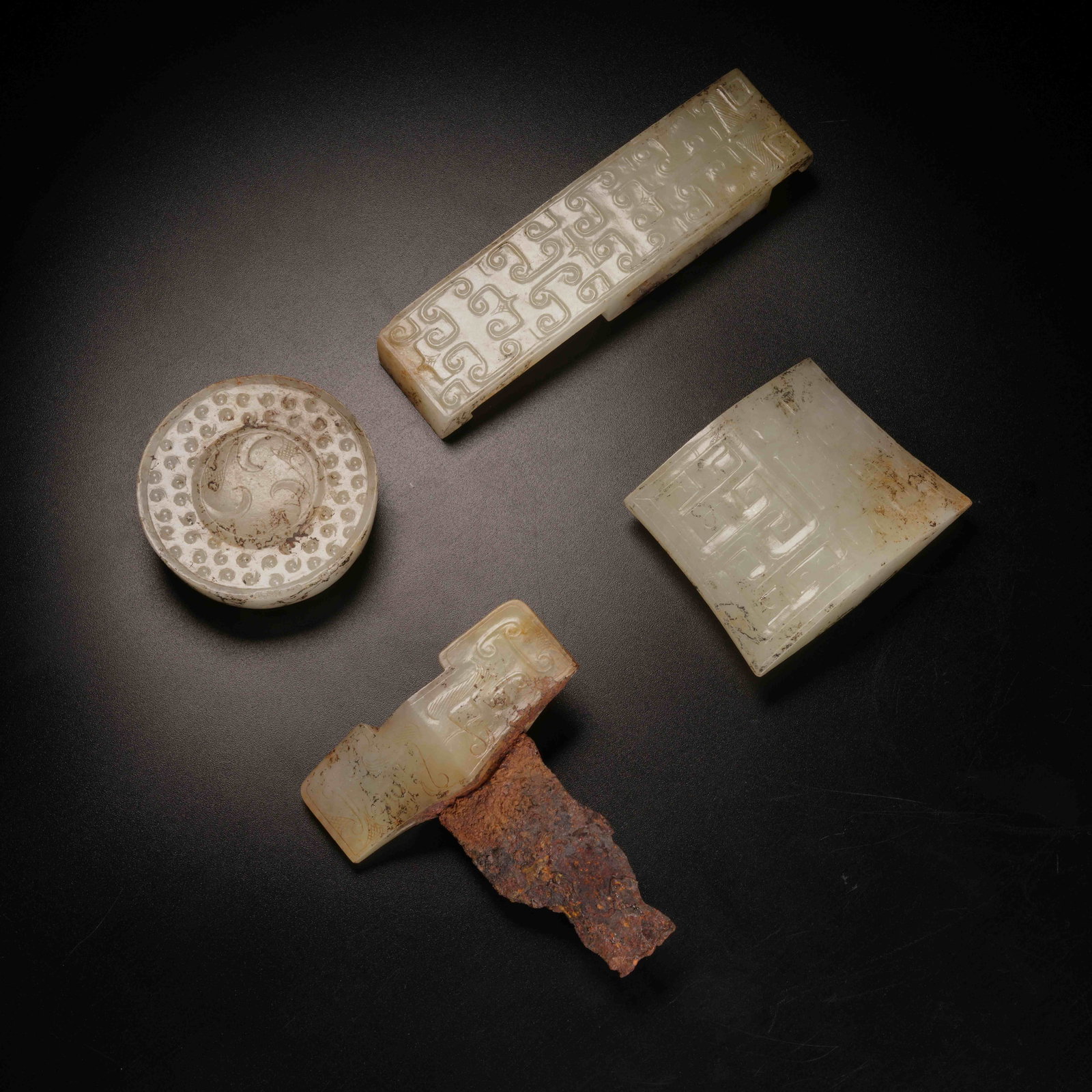 A SET OF ANCIENT JADE SWORD ORNAMENTS: Set of ancient jade sword ornaments