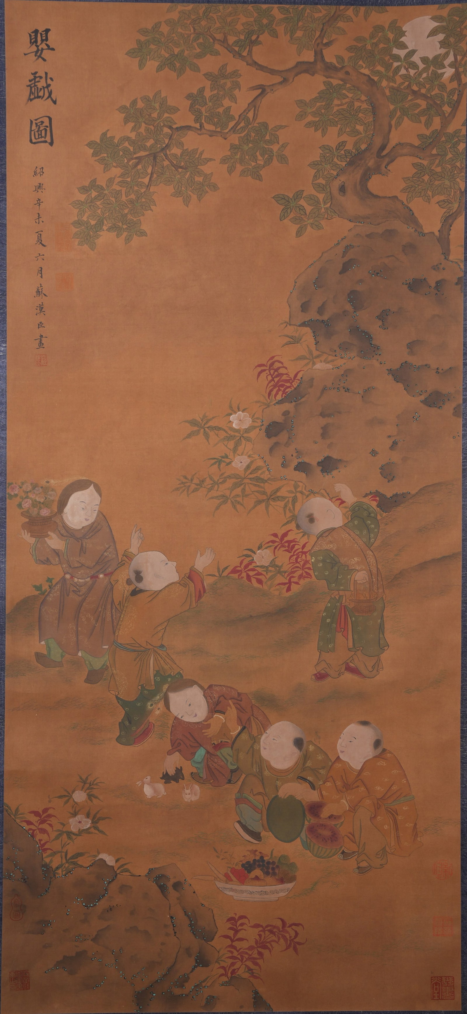 A INFANT PLAY PAINTING ON SILK BY SU HANCHEN.蘇漢臣: Infant Play Painting on Silk by Su Hanchen.蘇漢臣