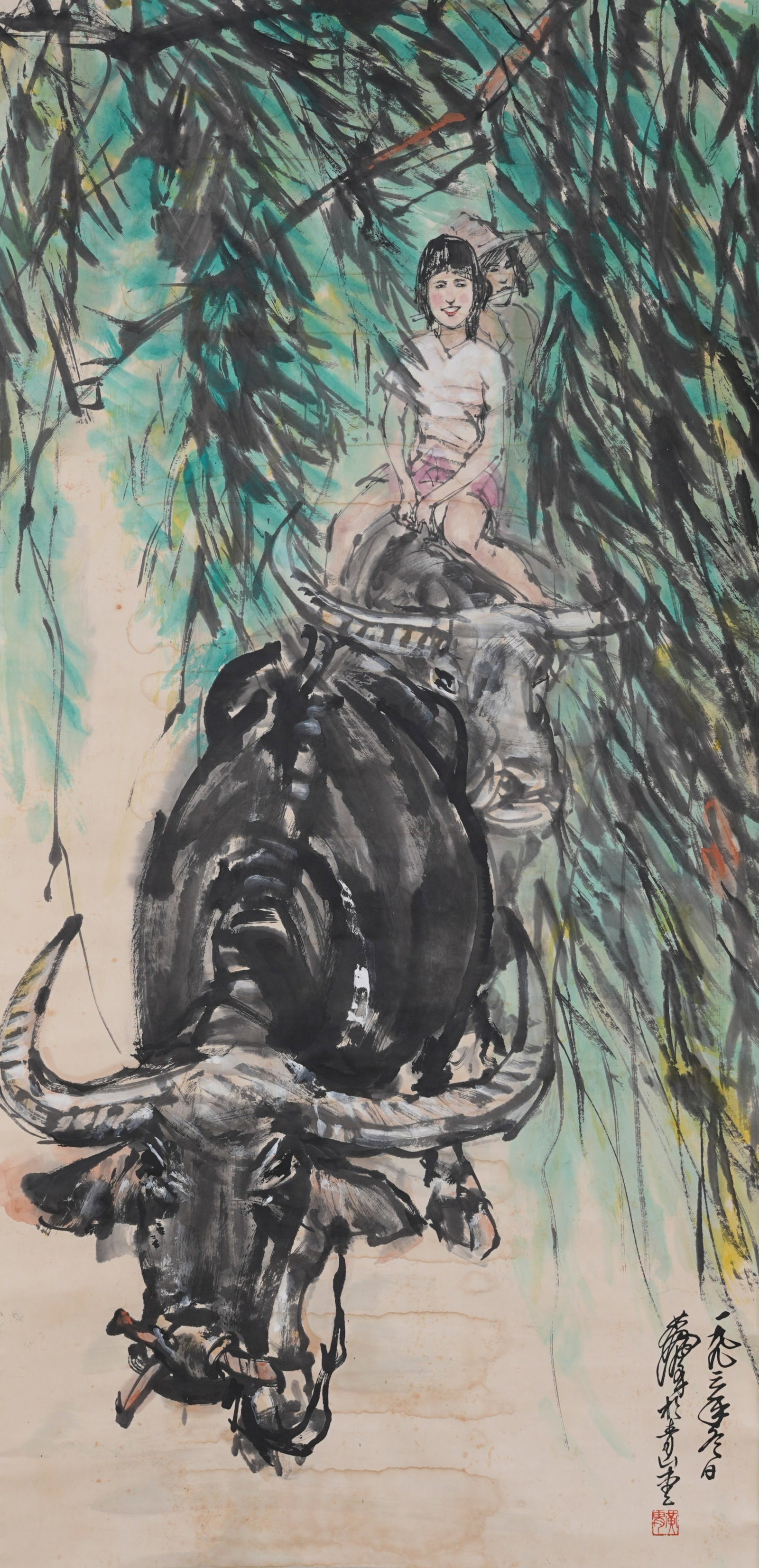 A HERDING BUFFALO PAINTING ON PAPER BY HUANG ZHOU.黃胄 (1 of 8)