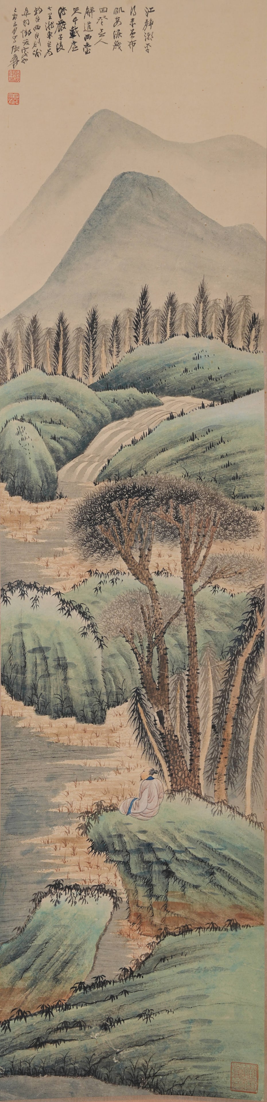 A LANDSCAPE AND FIGURE PAINTING ON PAPER BY ZHANG DAQIAN.張大千: Landscape and Figure Painting on Paper by Zhang Daqian.張大千
