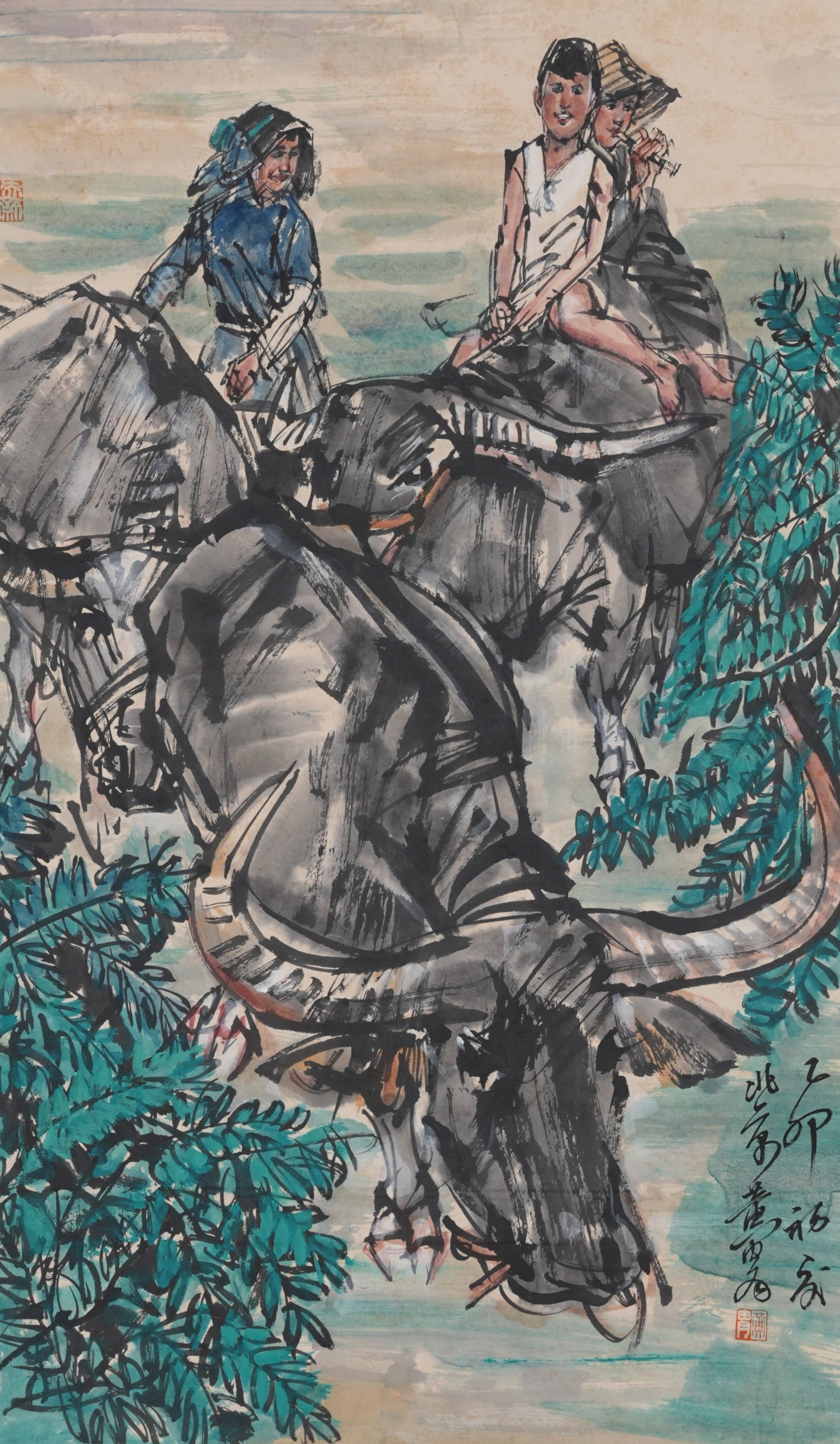 A HERDING BUFFALO PAINTING ON PAPER BY HUANG ZHOU.黃胄 (1 of 8)