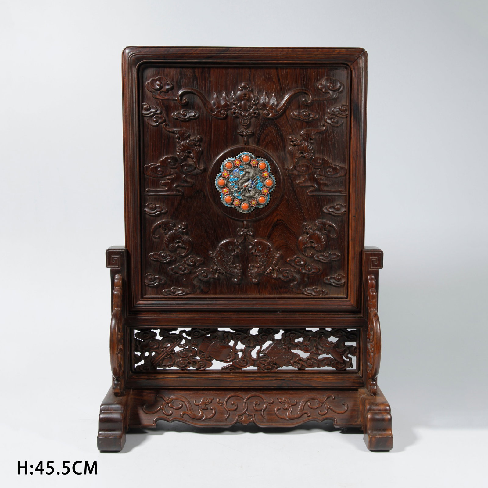 A HUANGHUALI WOOD SCREEN WITH AUSPICIOUS BEAST CARVING: Huanghuali Wood Screen with Auspicious Beast Carving