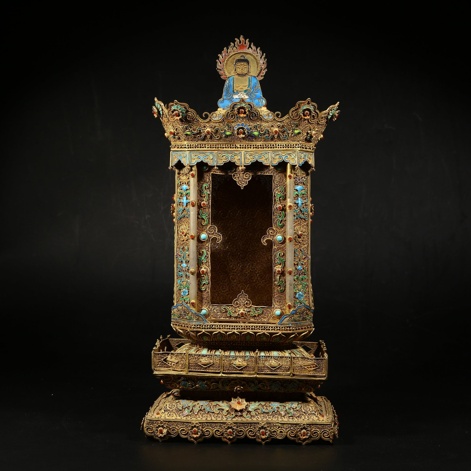 A GILDED SILVER FILIGREE CLOISONNÉ BUDDHIST SHRINE (1 of 8)