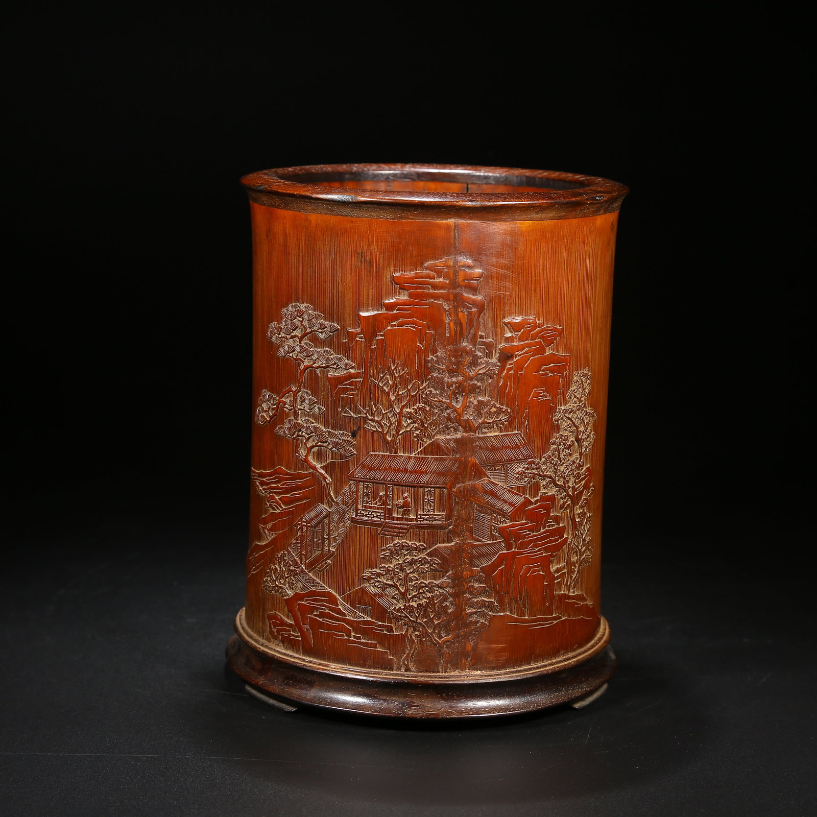 A BAMBOO CARVING BRUSH POT WITH LANDSCAPE COURTYARD SCENE (1 of 9)