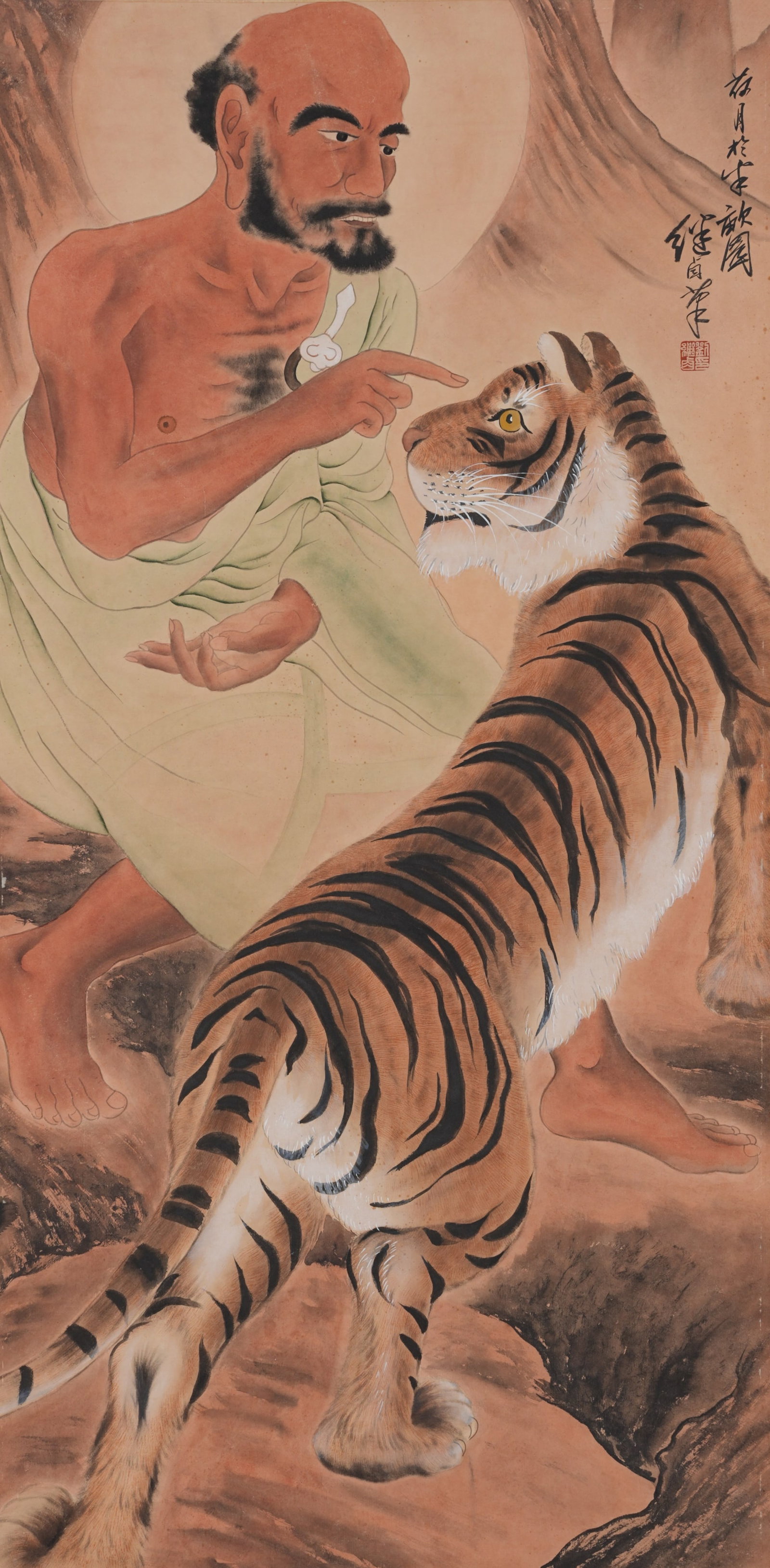 A ARHAT SUBDUING A TIGER PAINTING ON PAPER BY LIU JIYOU.劉繼卣: Arhat Subduing a Tiger Painting on Paper by Liu Jiyou.劉繼卣