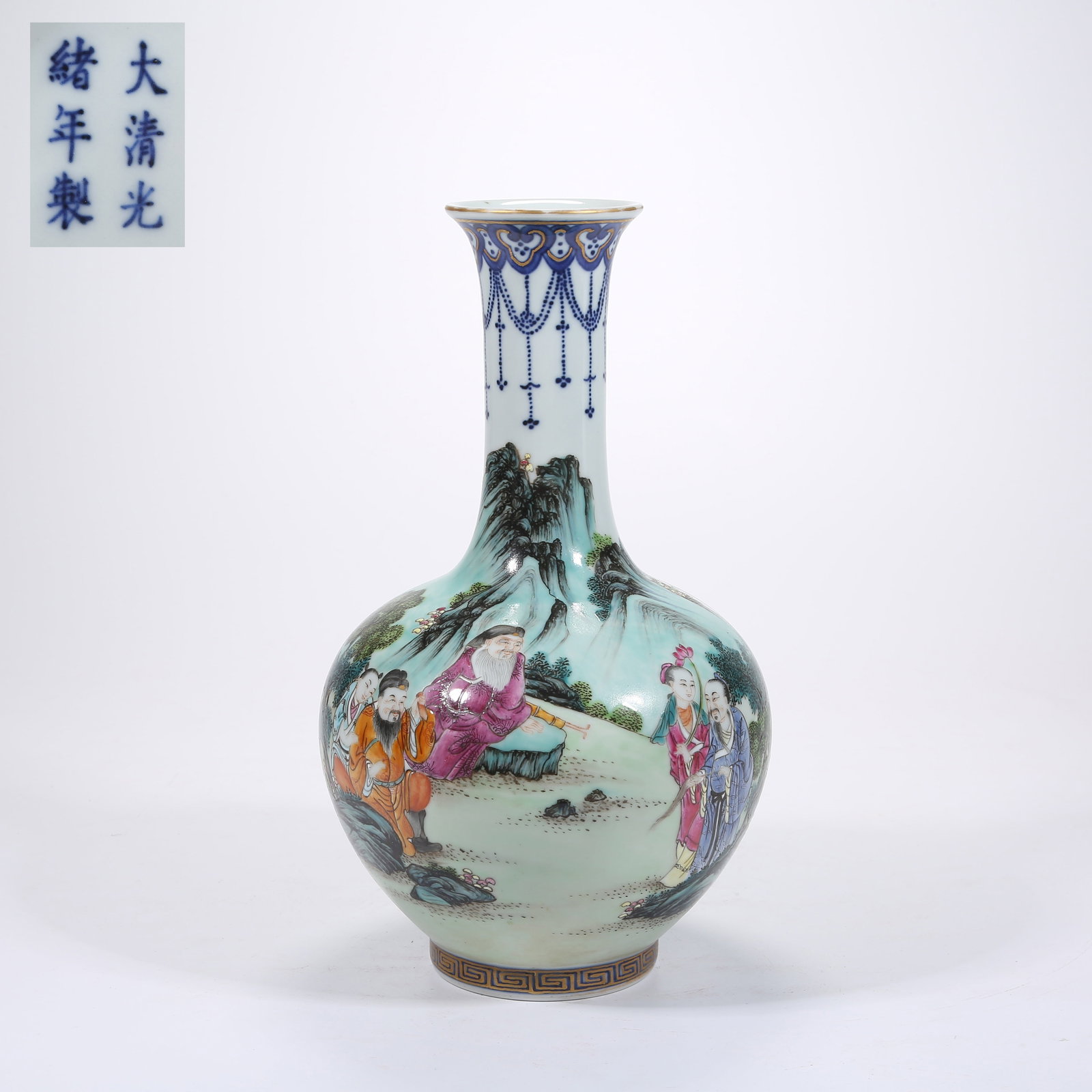 A FAMILLE-ROSE LONG-NECK VASE WITH EIGHT IMMORTALS AND FIGURES STORY (1 of 8)