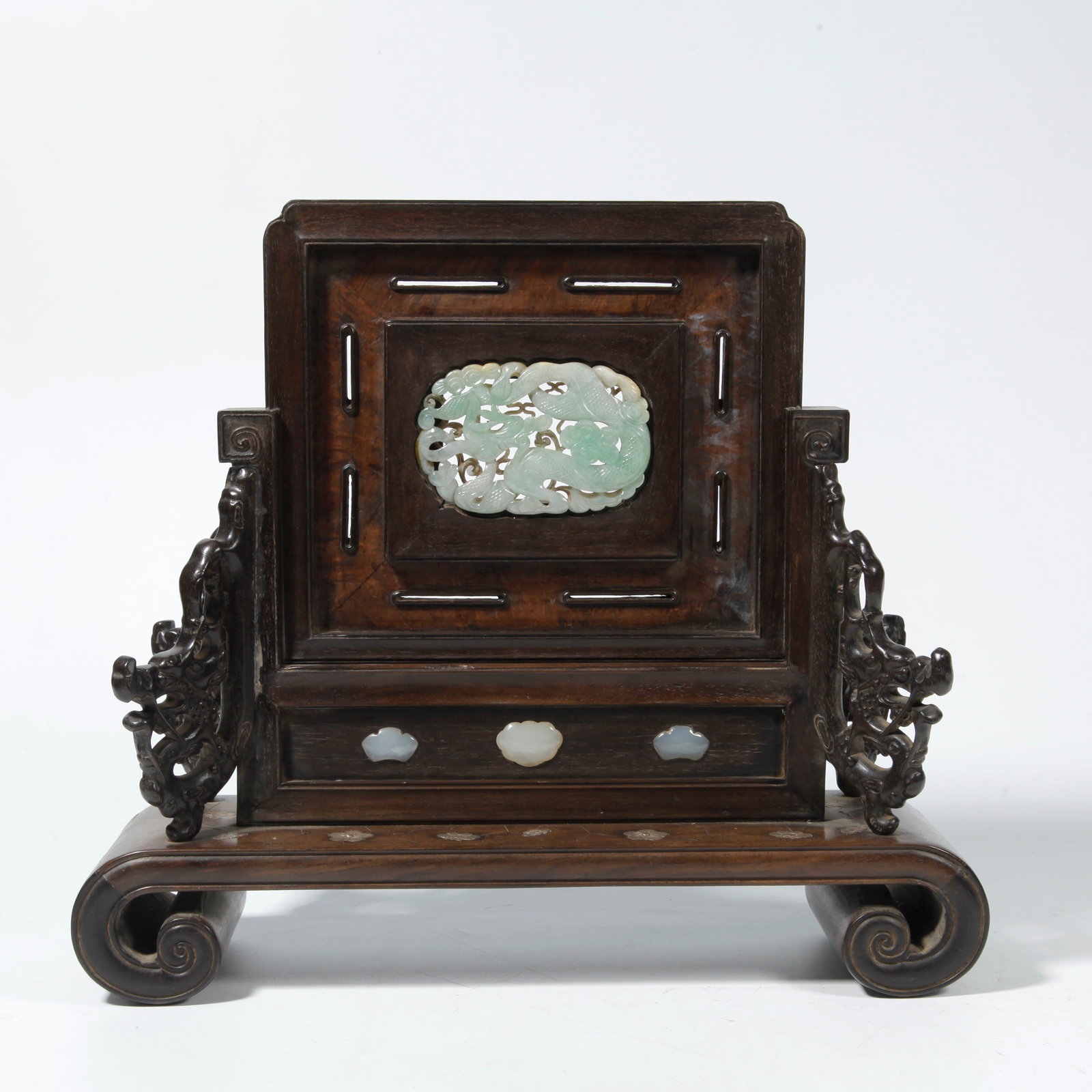 A HUANGHUALI WOOD SCREEN INLAID WITH JADE CARVED DRAGON (1 of 9)
