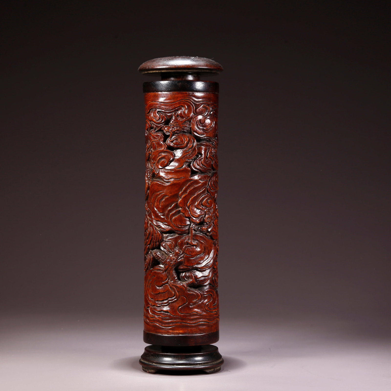 A HUANGHUALI WOOD CARVED INCENSE TUBE (1 of 9)
