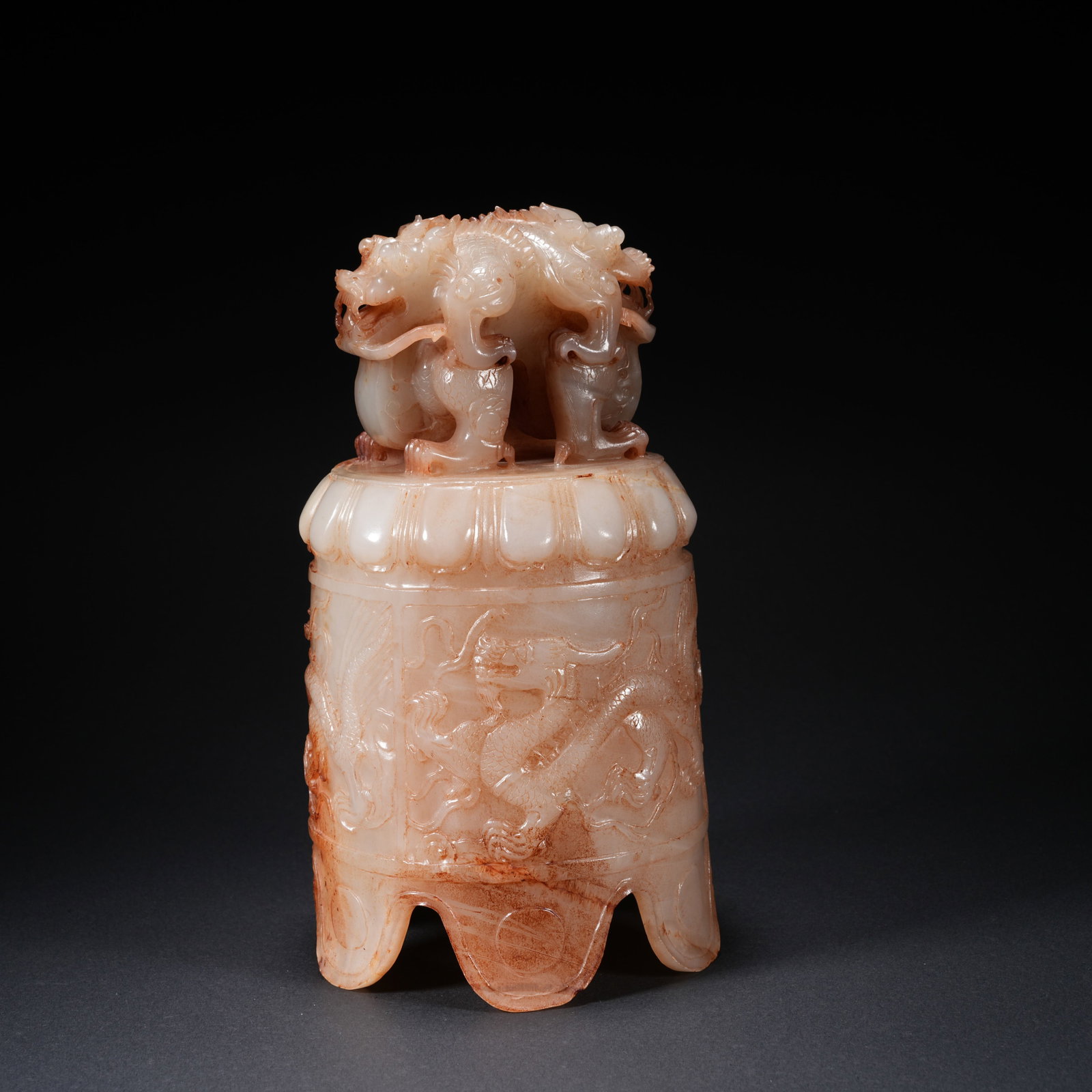A HETIAN JADE CARVED ROUND BELL WITH DOUBLE-DRAGON FINIAL (1 of 10)