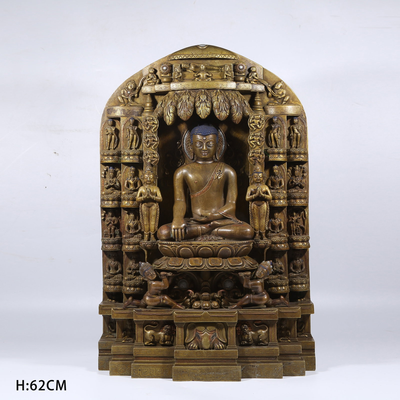 A ALLOY BRONZE SILVER-INLAID SHAKYAMUNI ENLIGHTENMENT STATUE: Alloy Bronze Silver-Inlaid Shakyamuni Enlightenment Statue